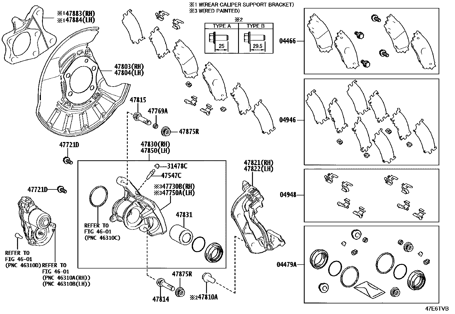 Toyota COROLLA 后盘式制动器卡钳和防尘罩 EPC diagram — 47E6TVB