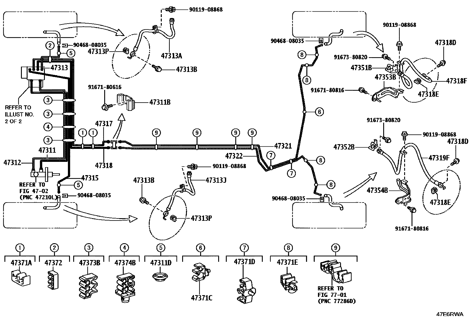 Toyota COROLLA 制动配管和卡箍 EPC diagram — 47E6RWA