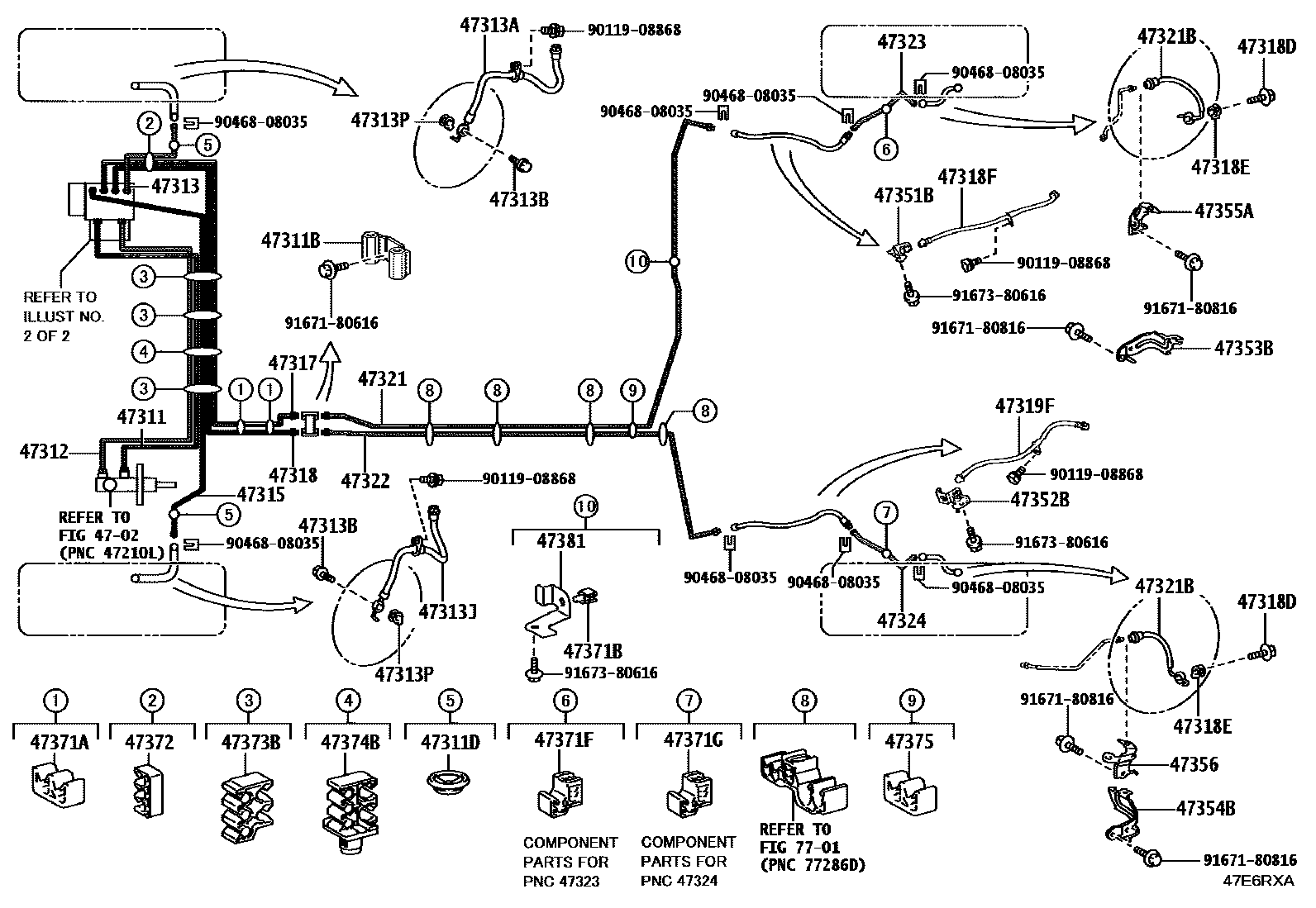 Toyota COROLLA 制动配管和卡箍 EPC diagram — 47E6RXA