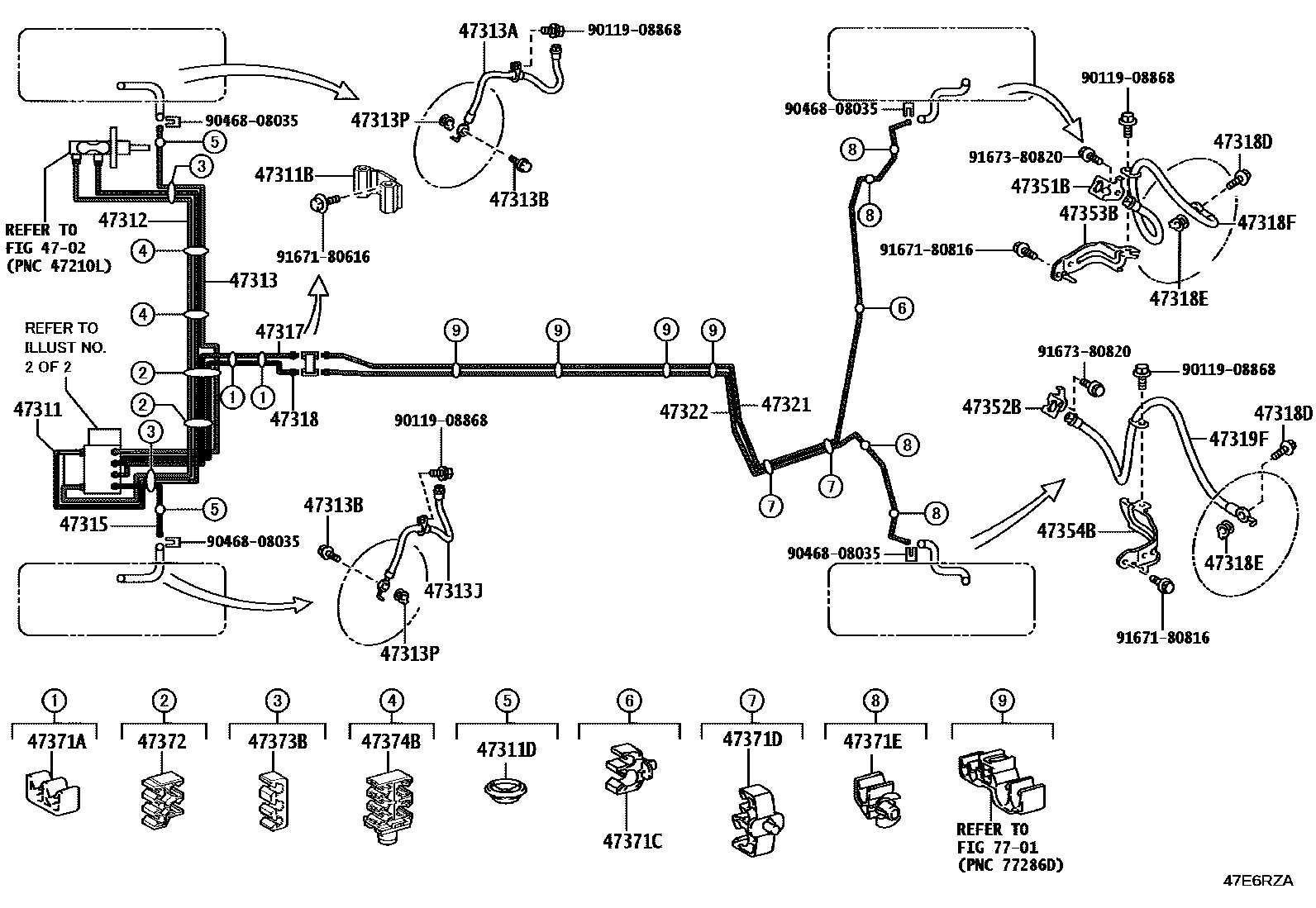 Toyota COROLLA 制动配管和卡箍 EPC diagram — 47E6RZA