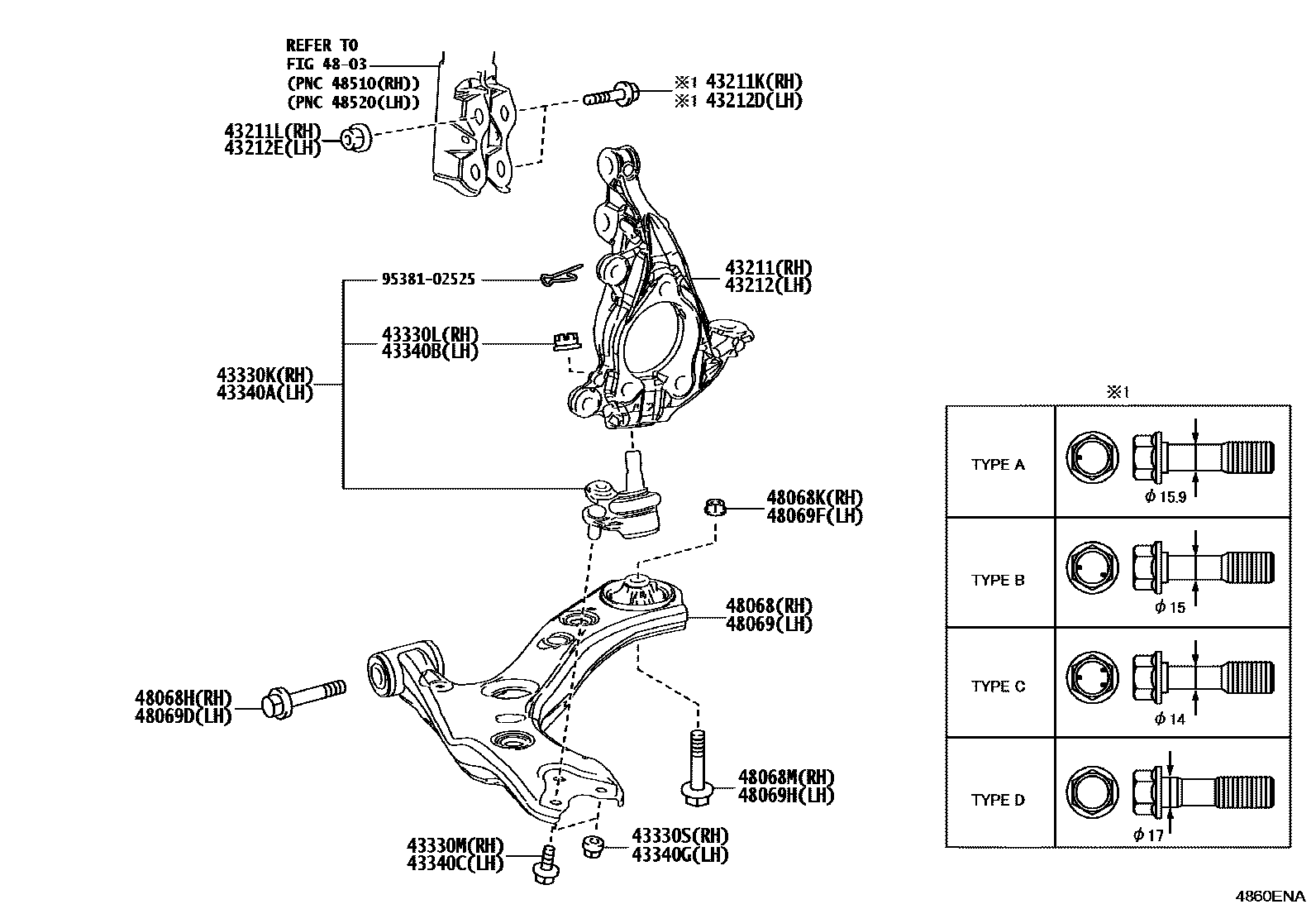 Toyota COROLLA 前桥控制臂和转向节 EPC diagram — 4860ENA