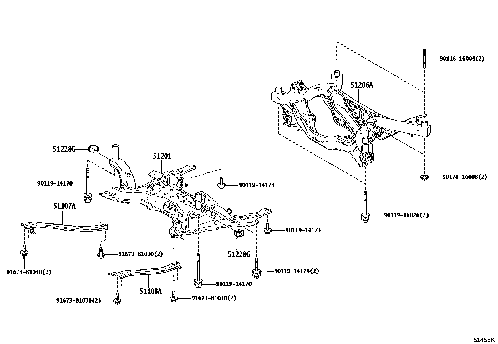 Toyota COROLLA 悬架横梁和发动机底罩 EPC diagram — 51458K