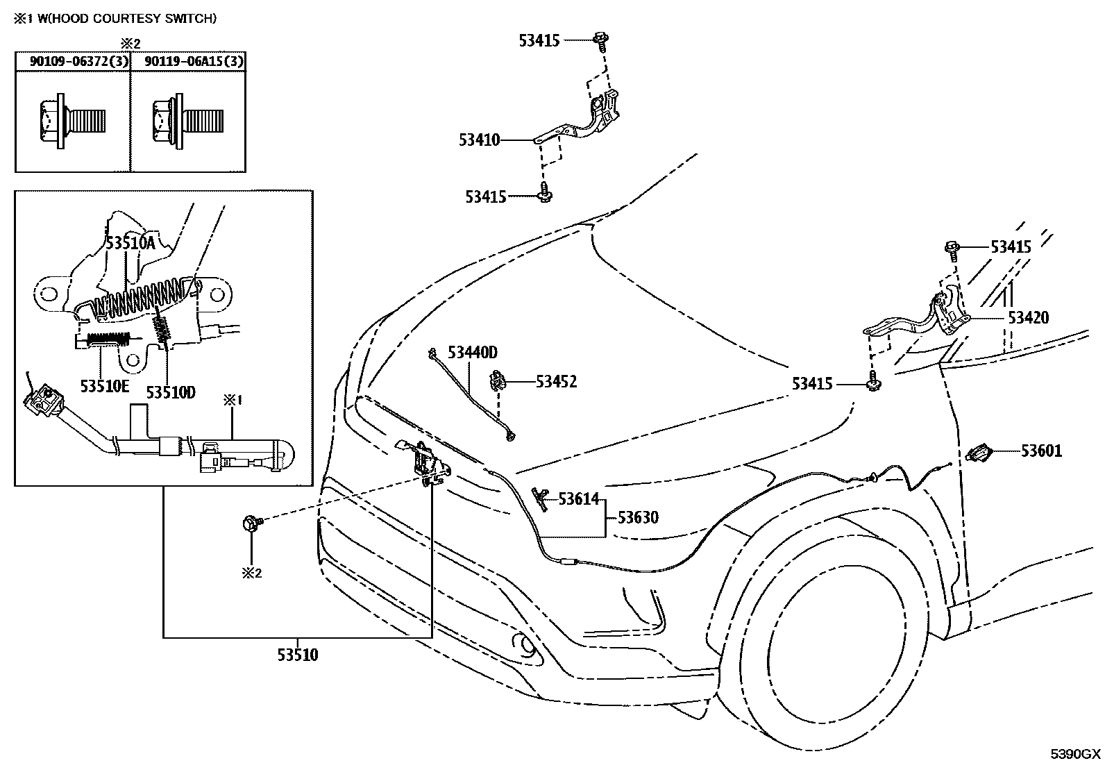 Toyota COROLLA 发动机盖锁和铰链 EPC diagram — 5390GX