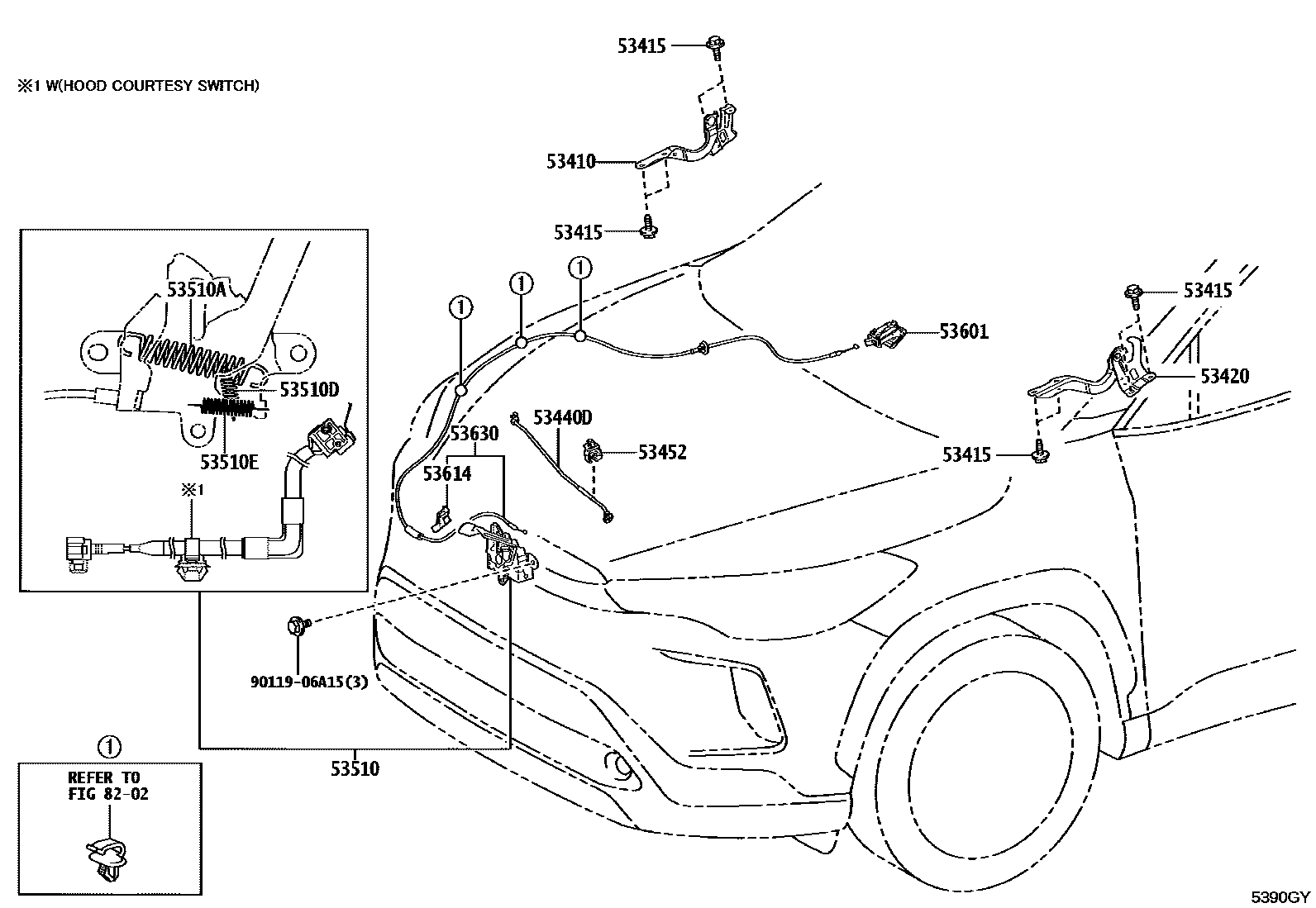 Toyota COROLLA 发动机盖锁和铰链 EPC diagram — 5390GY