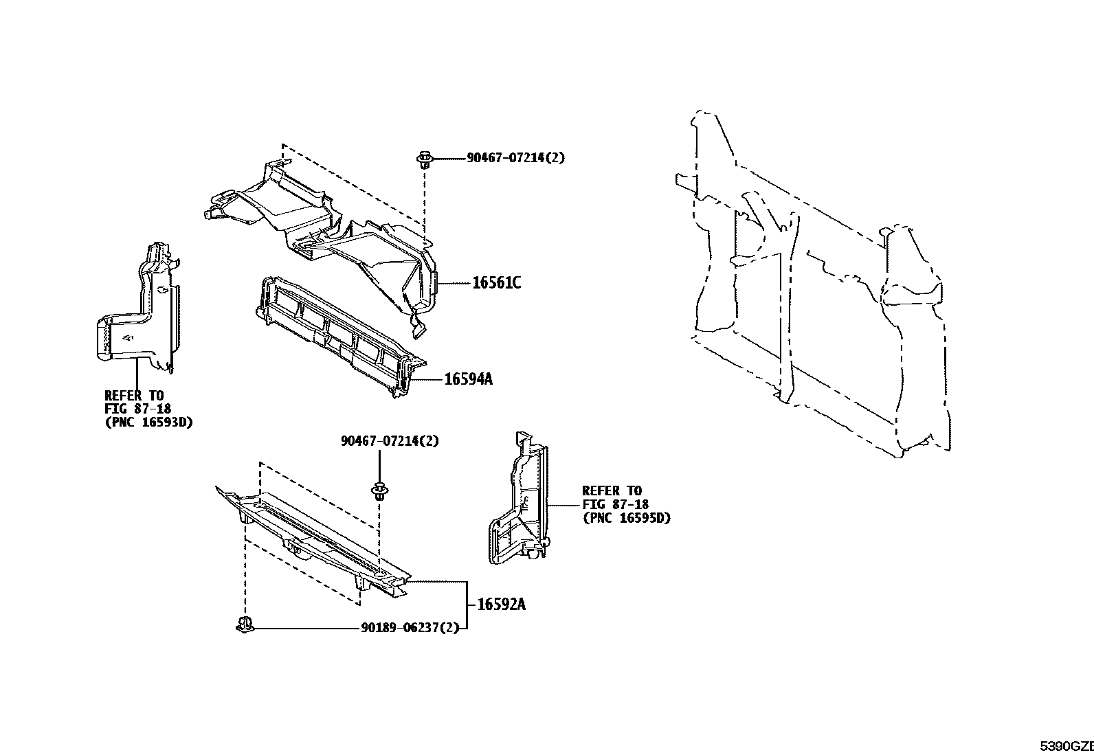 Toyota COROLLA 前翼子板挡泥板和前围板 EPC diagram — 5390GZB