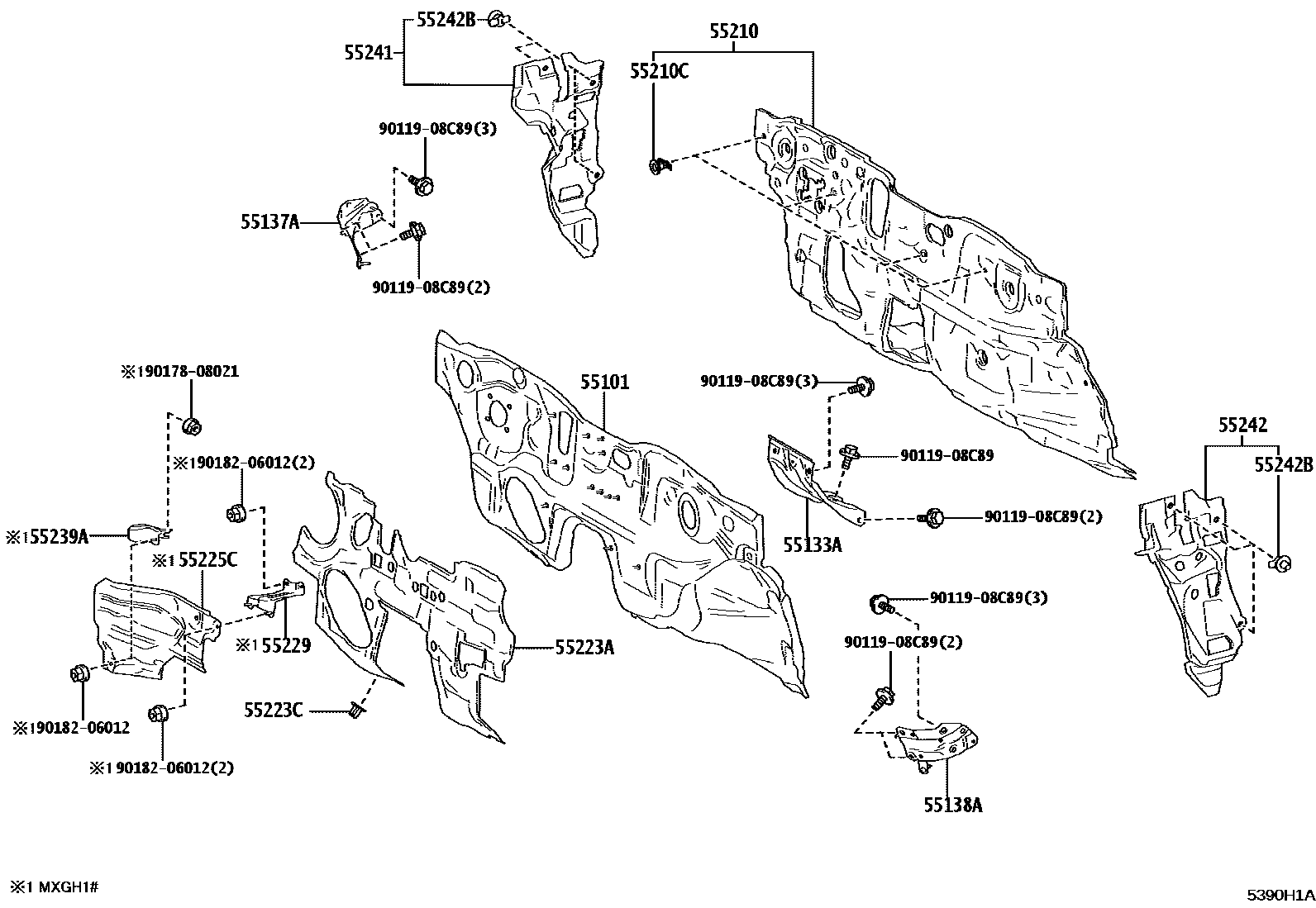 Toyota COROLLA 前翼子板挡泥板和前围板 EPC diagram — 5390H1A