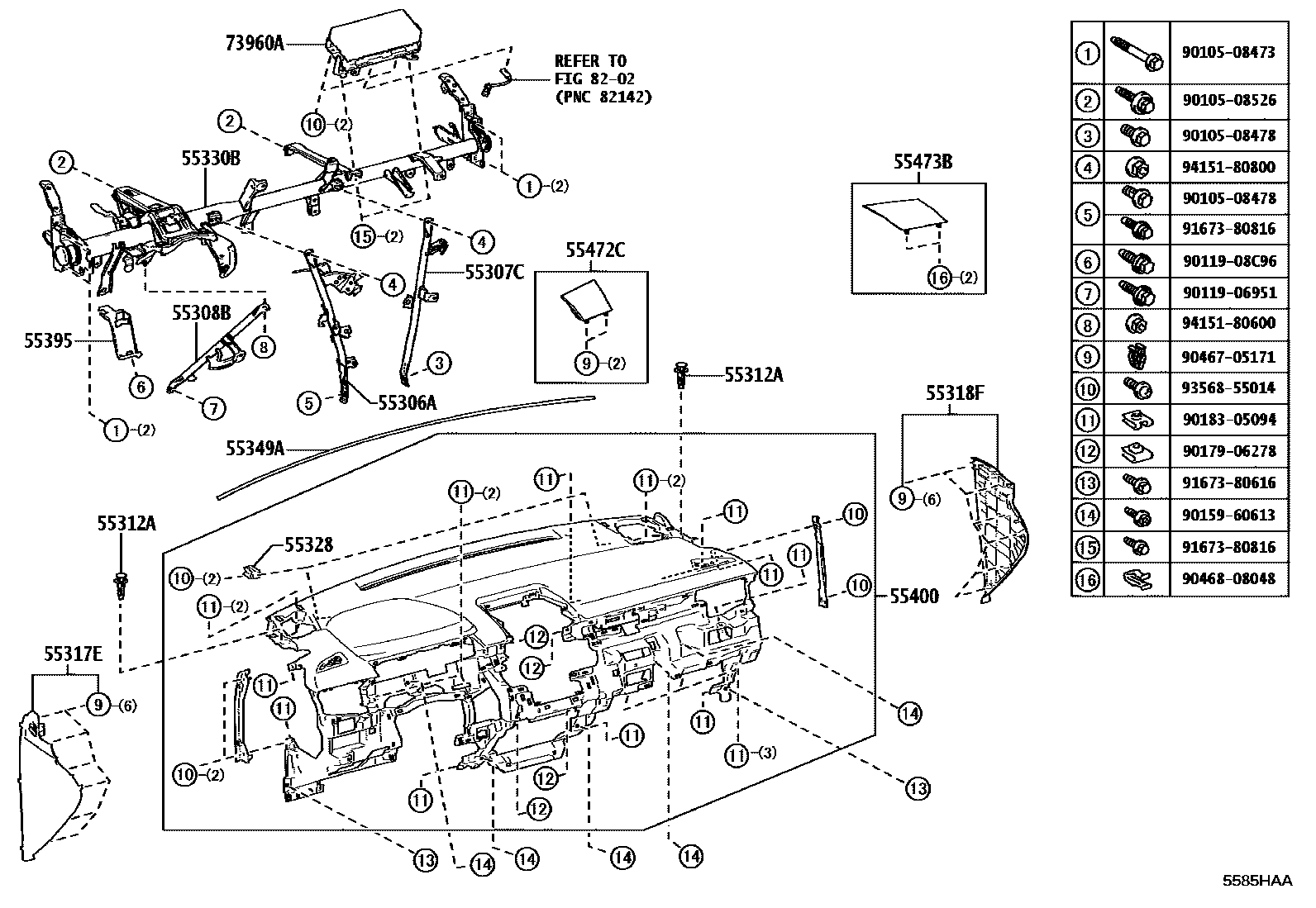 Toyota COROLLA 仪表板和手套箱 EPC diagram — 5585HAA