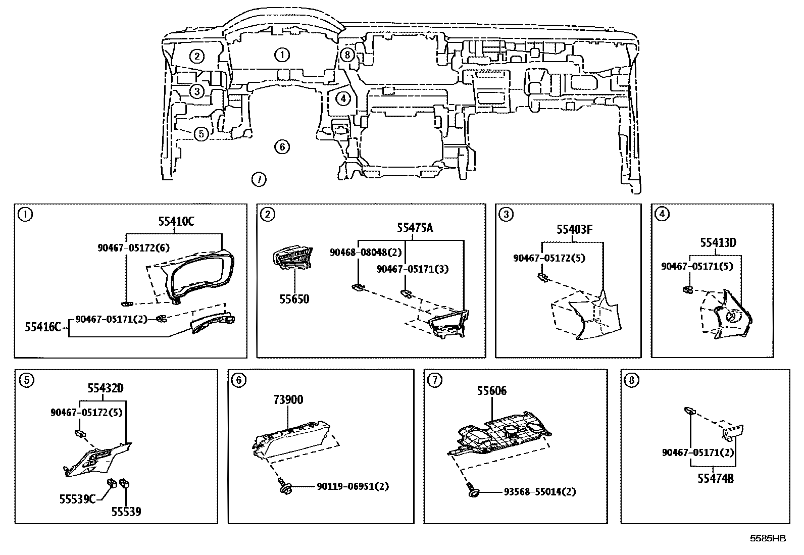 Toyota COROLLA 仪表板和手套箱 EPC diagram — 5585HB