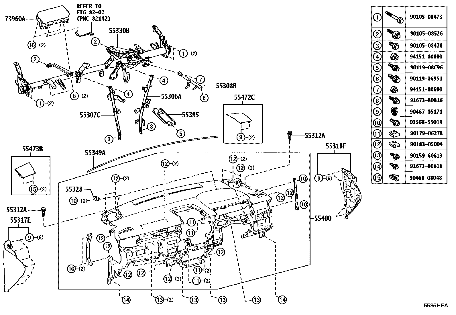 Toyota COROLLA 仪表板和手套箱 EPC diagram — 5585HEA