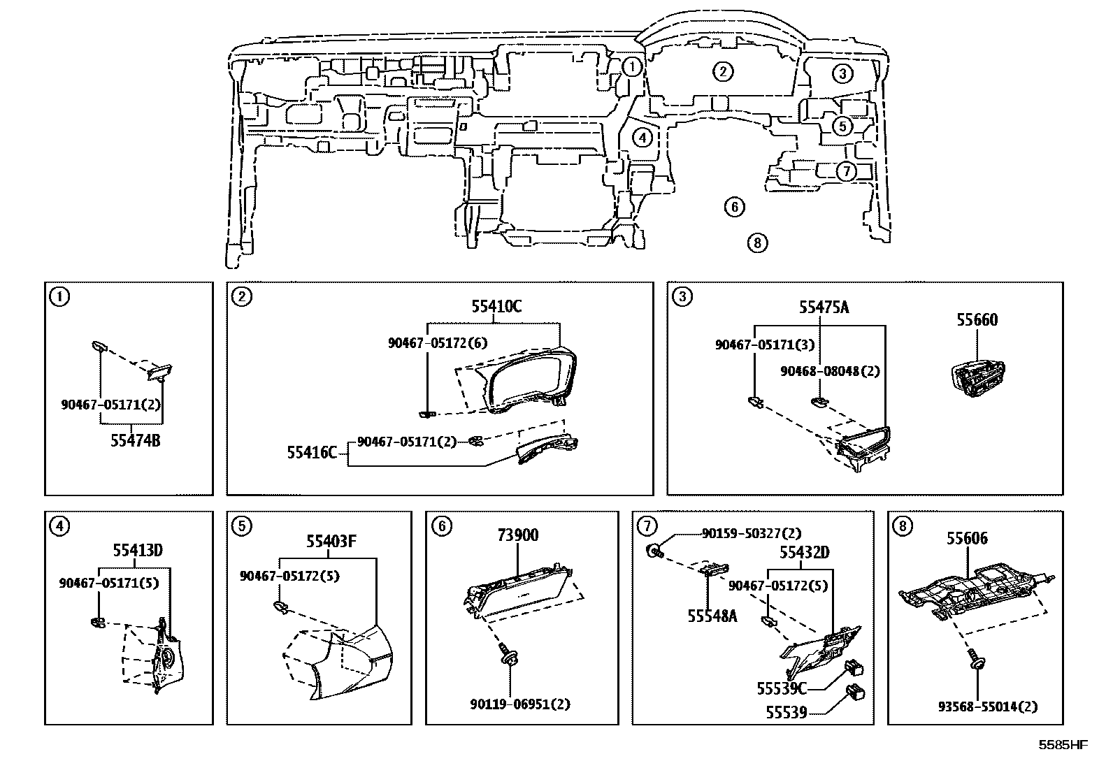 Toyota COROLLA 仪表板和手套箱 EPC diagram — 5585HF