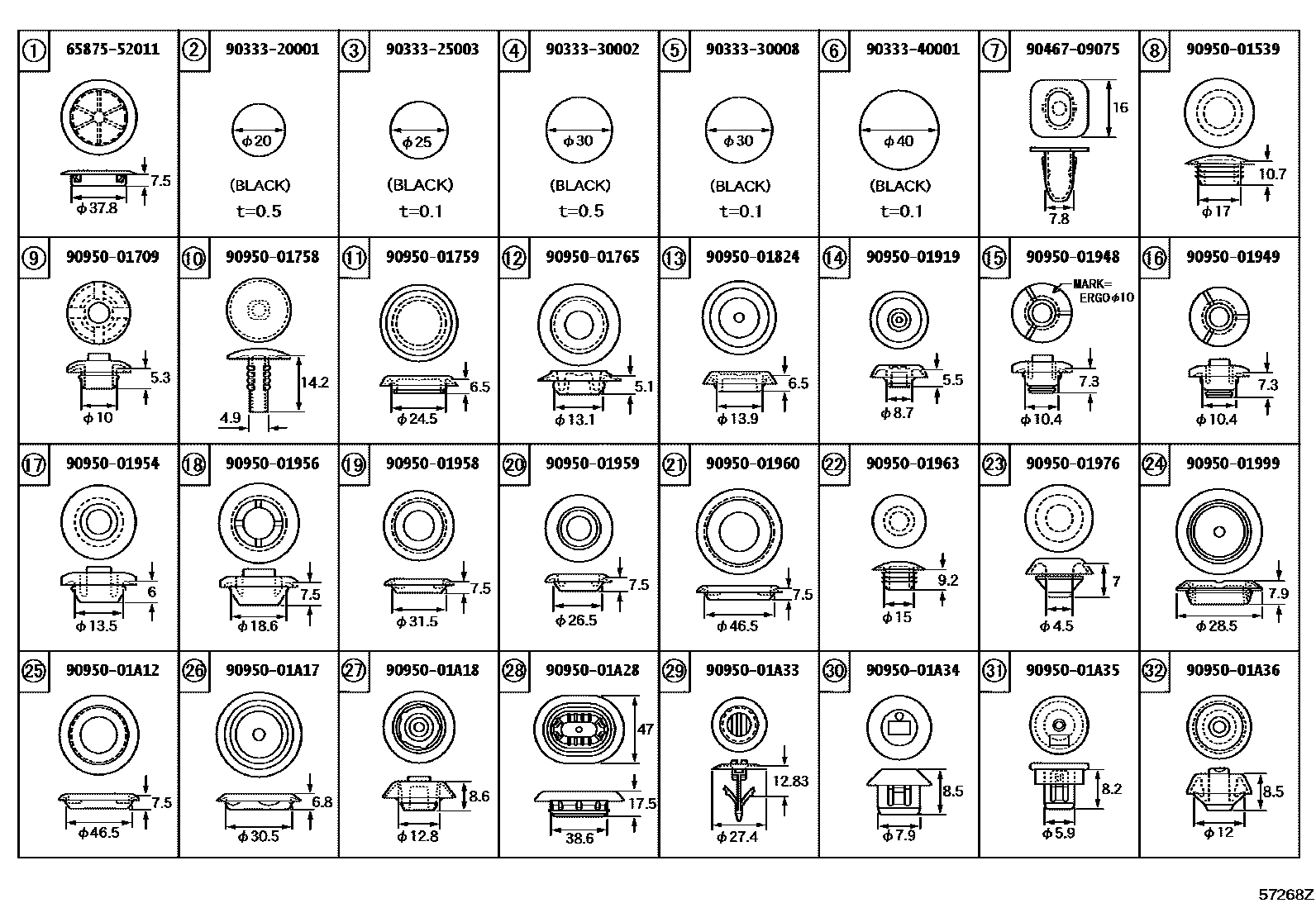 Toyota COROLLA hole plug EPC diagram — 57268Z