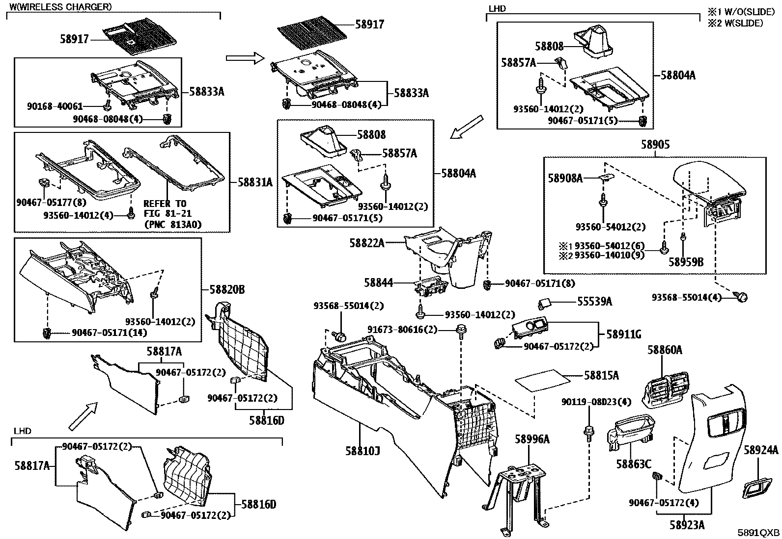 Toyota COROLLA 中央扶手箱和支架 EPC diagram — 5891QXB