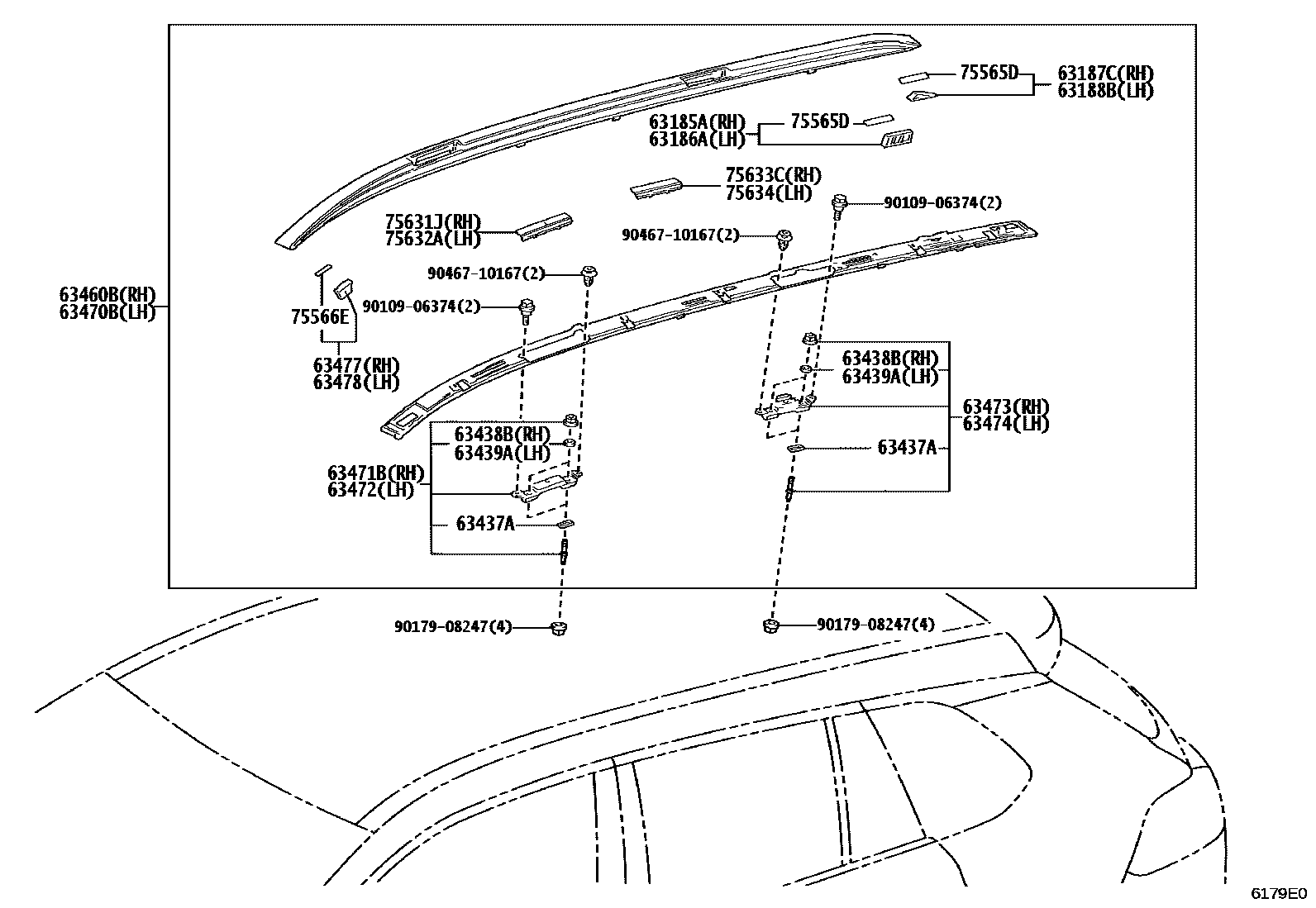 Toyota COROLLA 天窗板和背窗玻璃 EPC diagram — 6179E0
