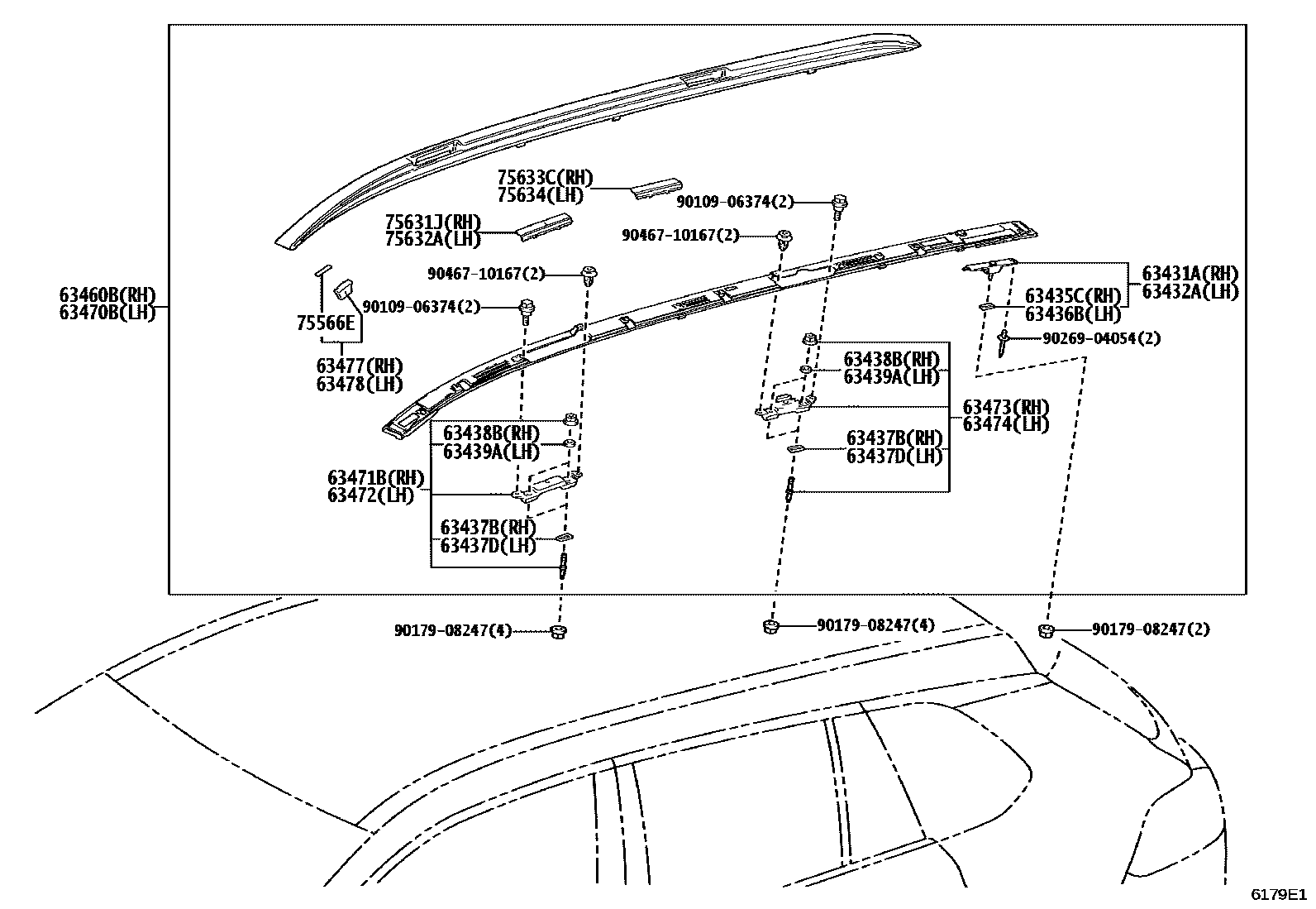 Toyota COROLLA 天窗板和背窗玻璃 EPC diagram — 6179E1
