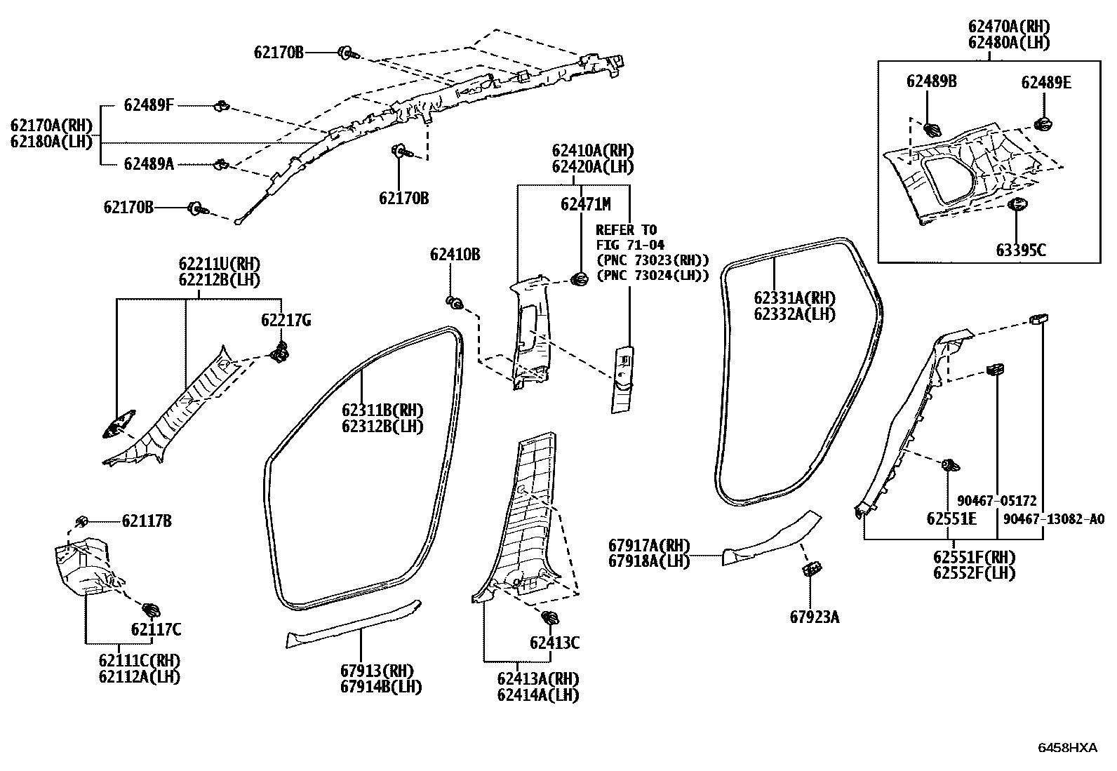 Toyota COROLLA 内饰板和车门防水胶条 EPC diagram — 6458HXA