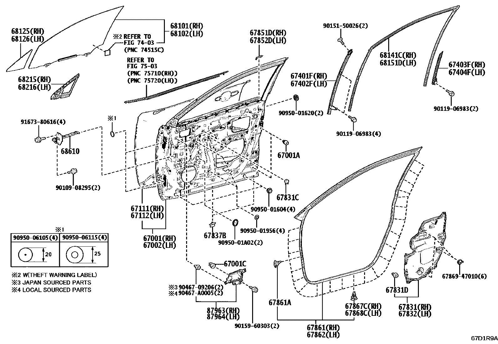 Toyota COROLLA 前门板和前门玻璃 EPC diagram — 67D1R9A