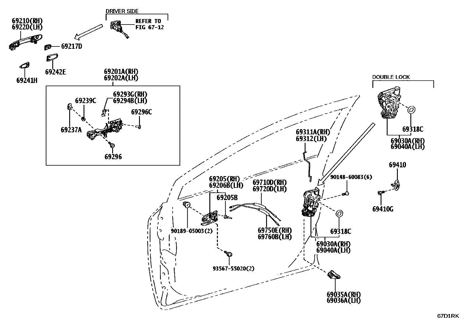 Toyota COROLLA 前门锁和车门把手 EPC diagram — 67D1RK