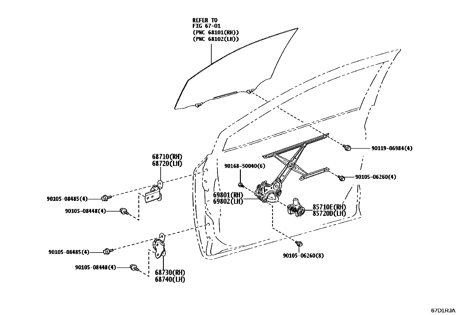 Toyota COROLLA 前门车窗升降器和合页 EPC diagram — 67D1RJA