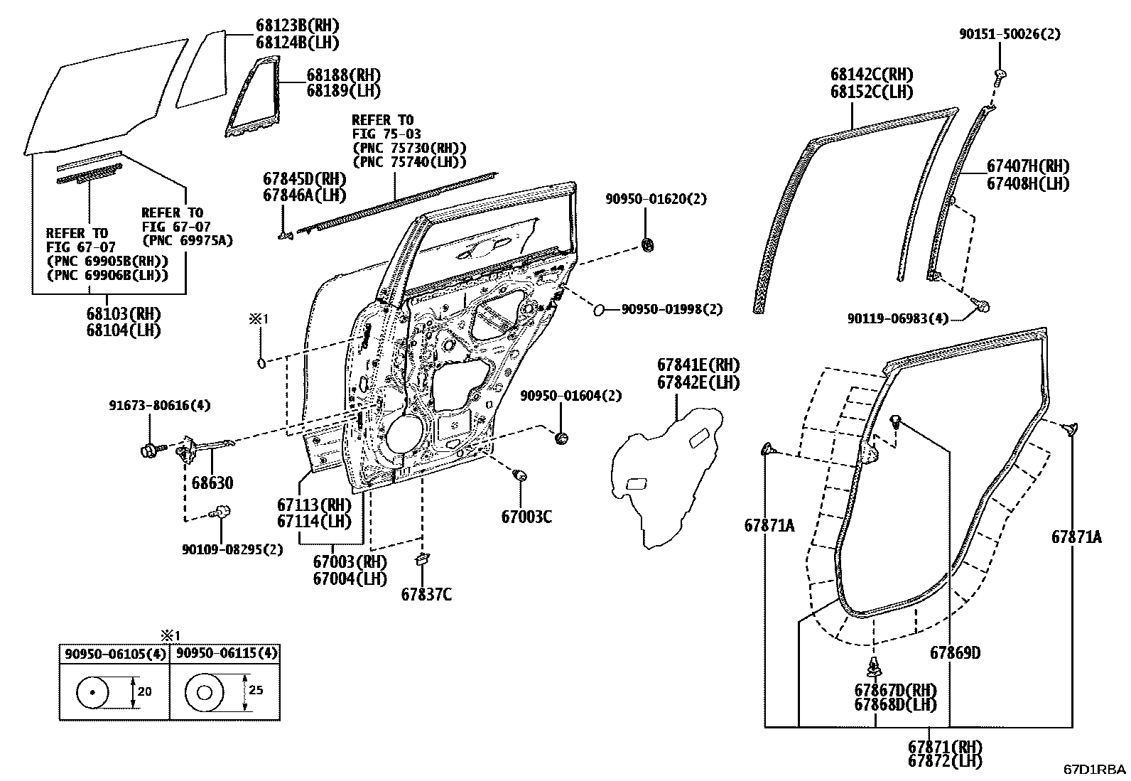 Toyota COROLLA 后门板和后门玻璃 EPC diagram — 67D1RBA