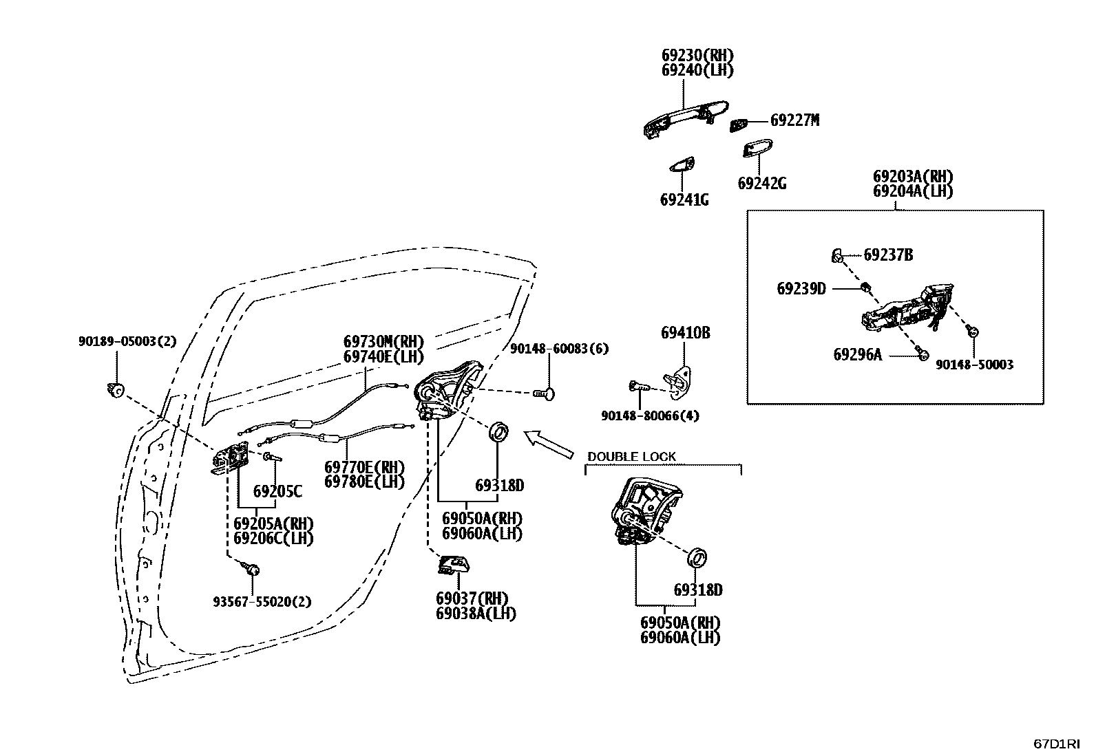 Toyota COROLLA 后门锁和后门把手 EPC diagram — 67D1RI