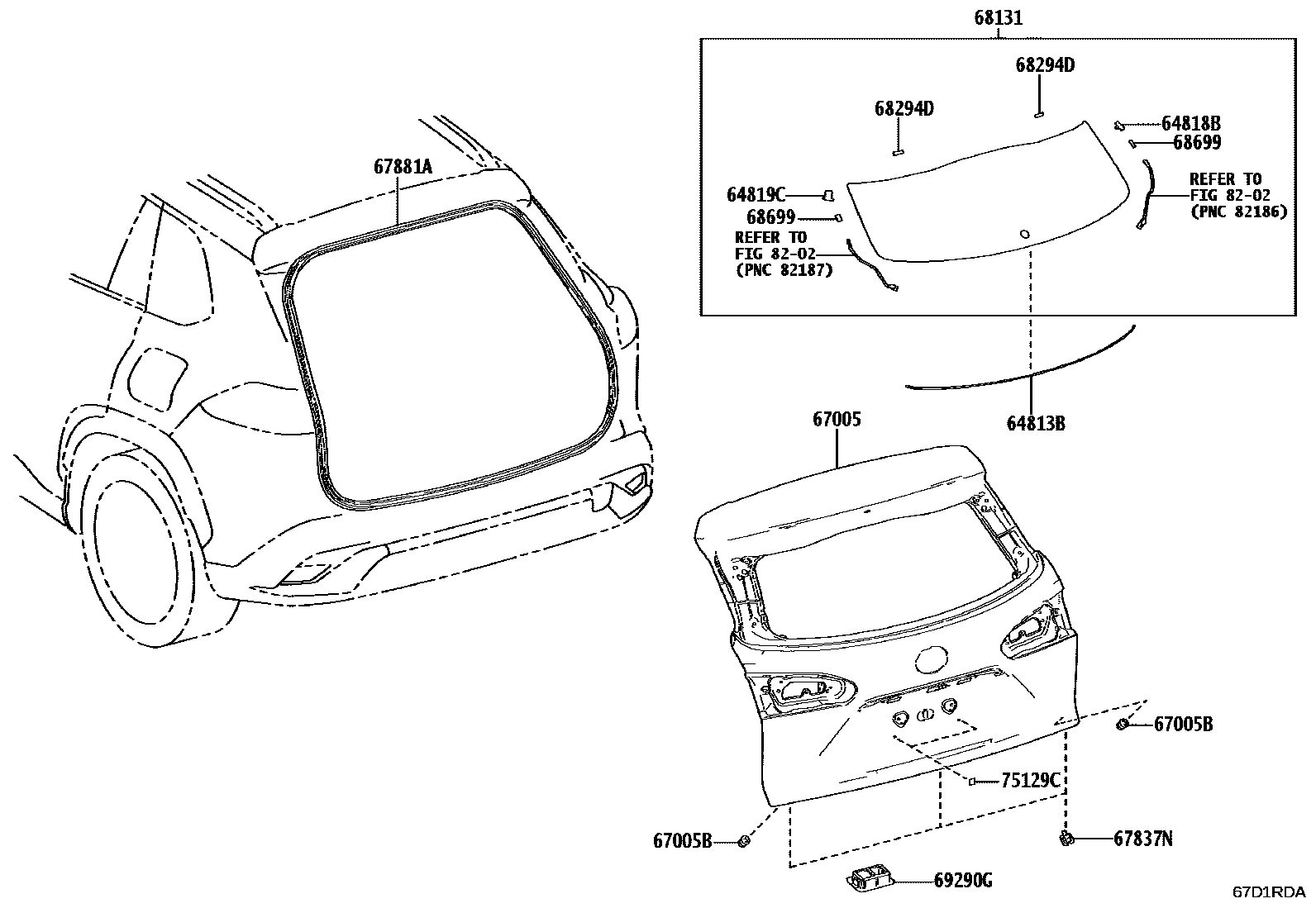 Toyota COROLLA 背门板和背门玻璃 EPC diagram — 67D1RDA