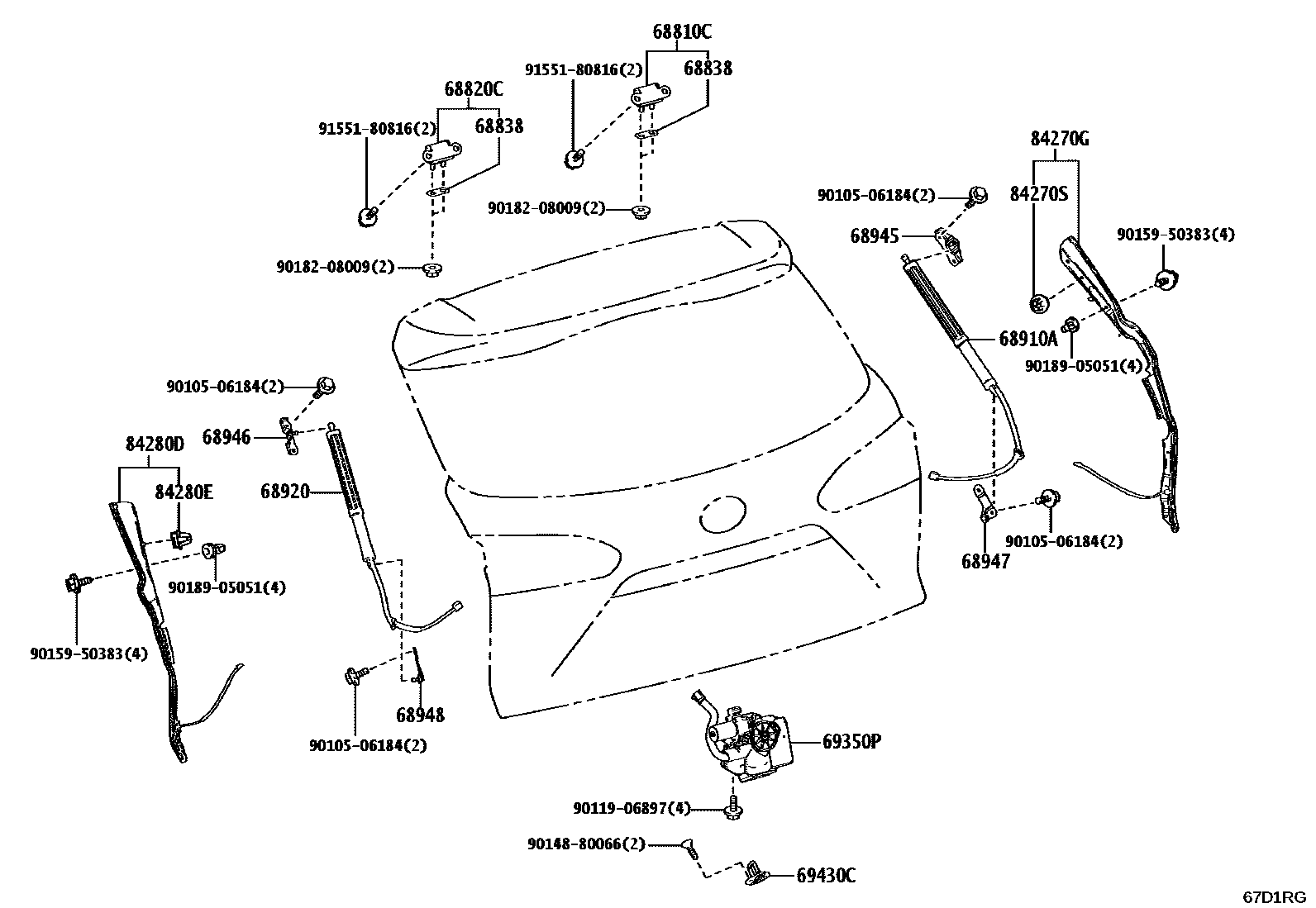 Toyota COROLLA 背门锁和背门把手 EPC diagram — 67D1RG