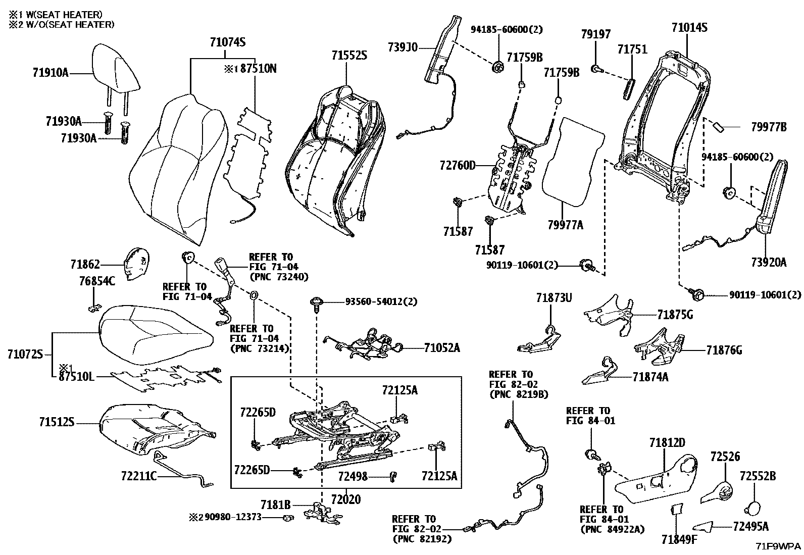 Toyota COROLLA 前排座椅和座椅滑轨 EPC diagram — 71F9WPA