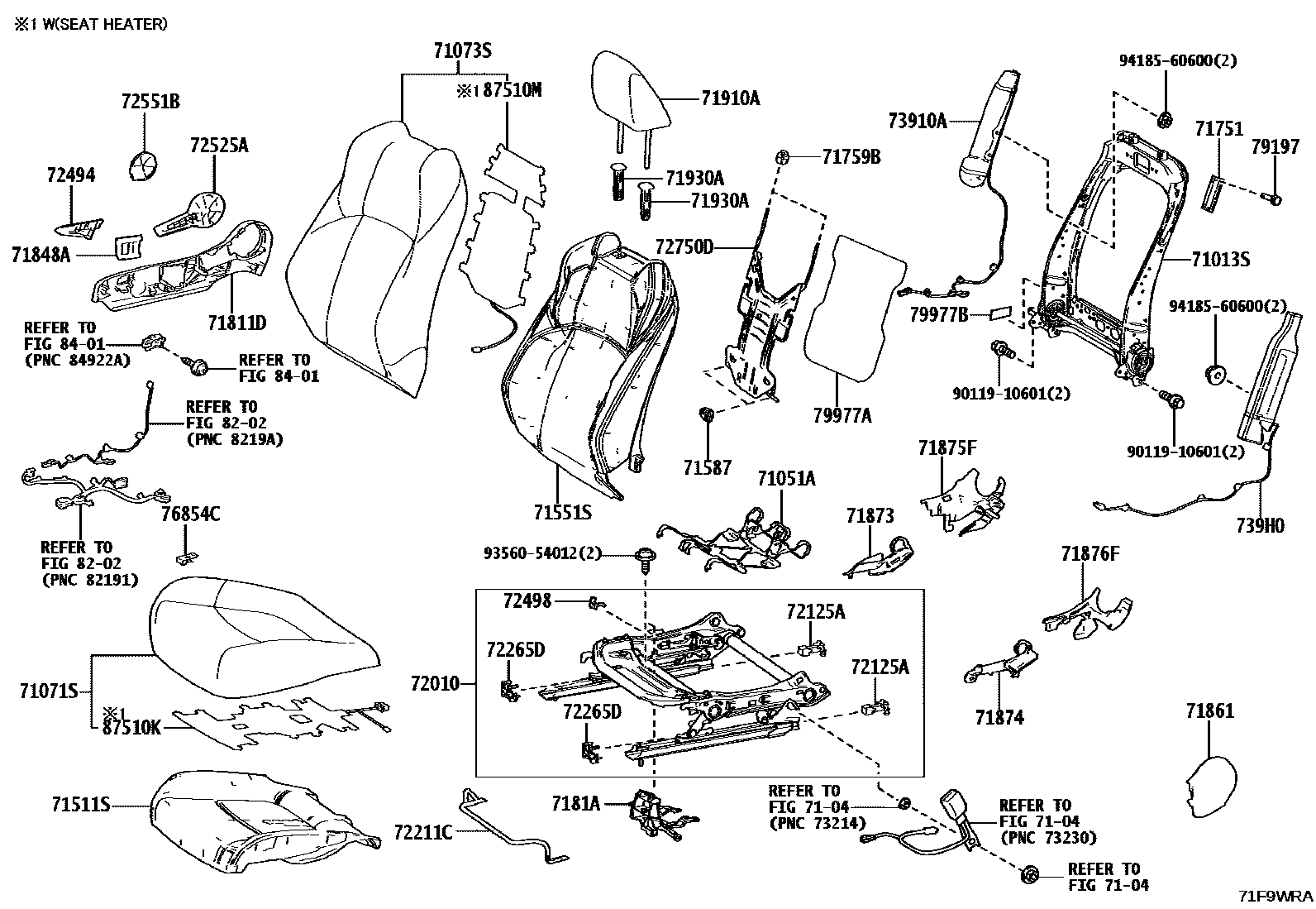 Toyota COROLLA 前排座椅和座椅滑轨 EPC diagram — 71F9WRB