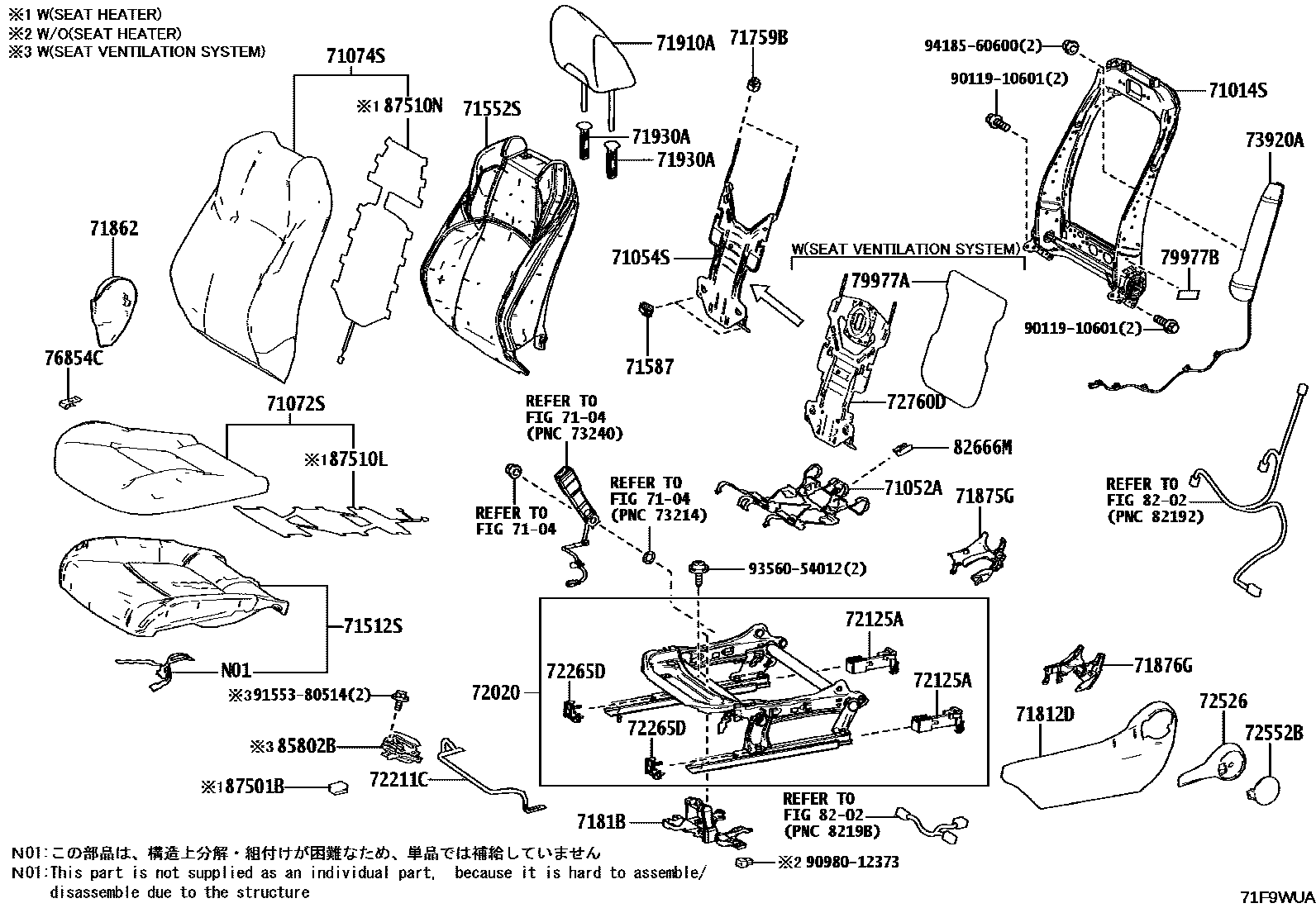 Toyota COROLLA 前排座椅和座椅滑轨 EPC diagram — 71F9WUA