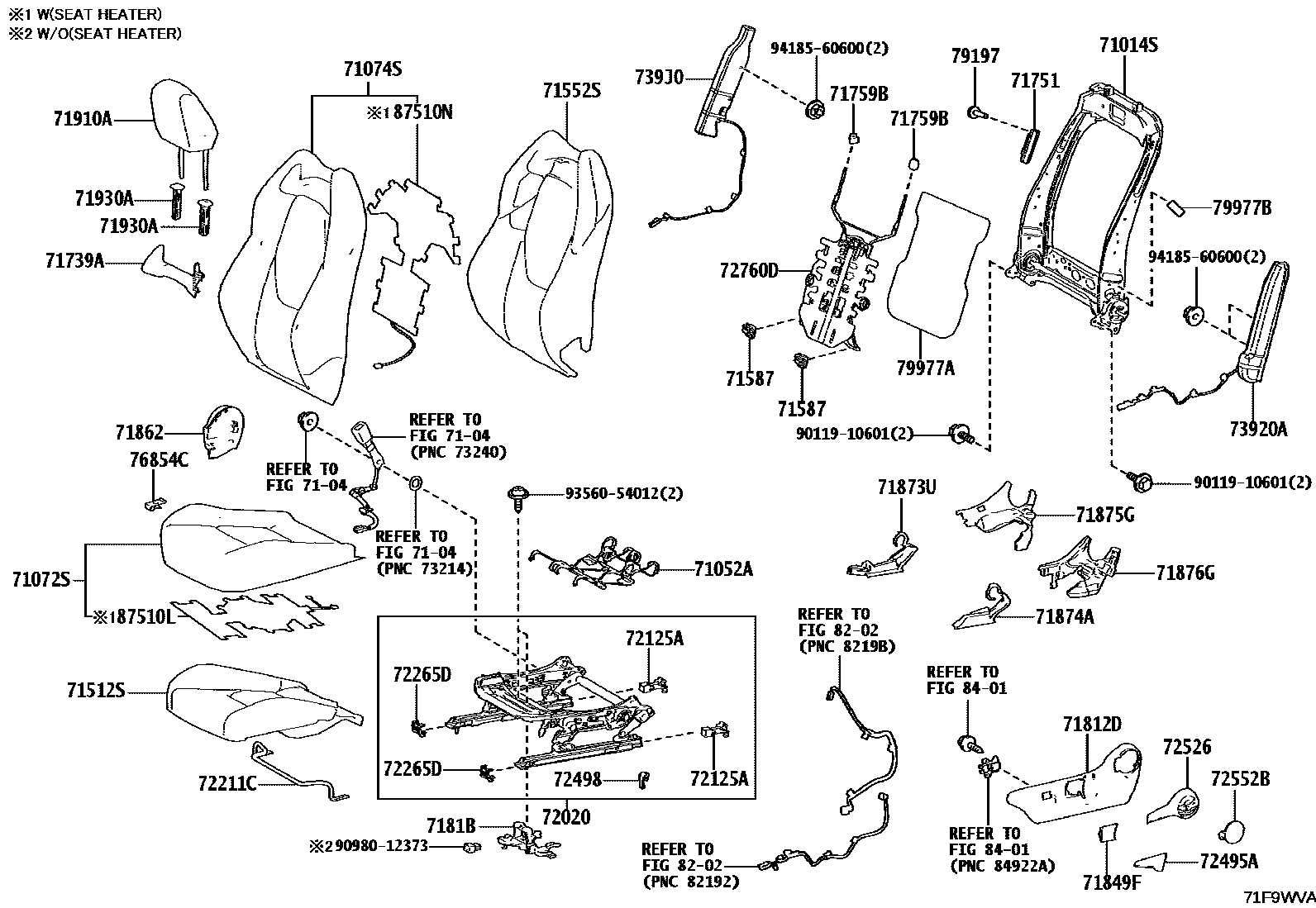 Toyota COROLLA 前排座椅和座椅滑轨 EPC diagram — 71F9WVA