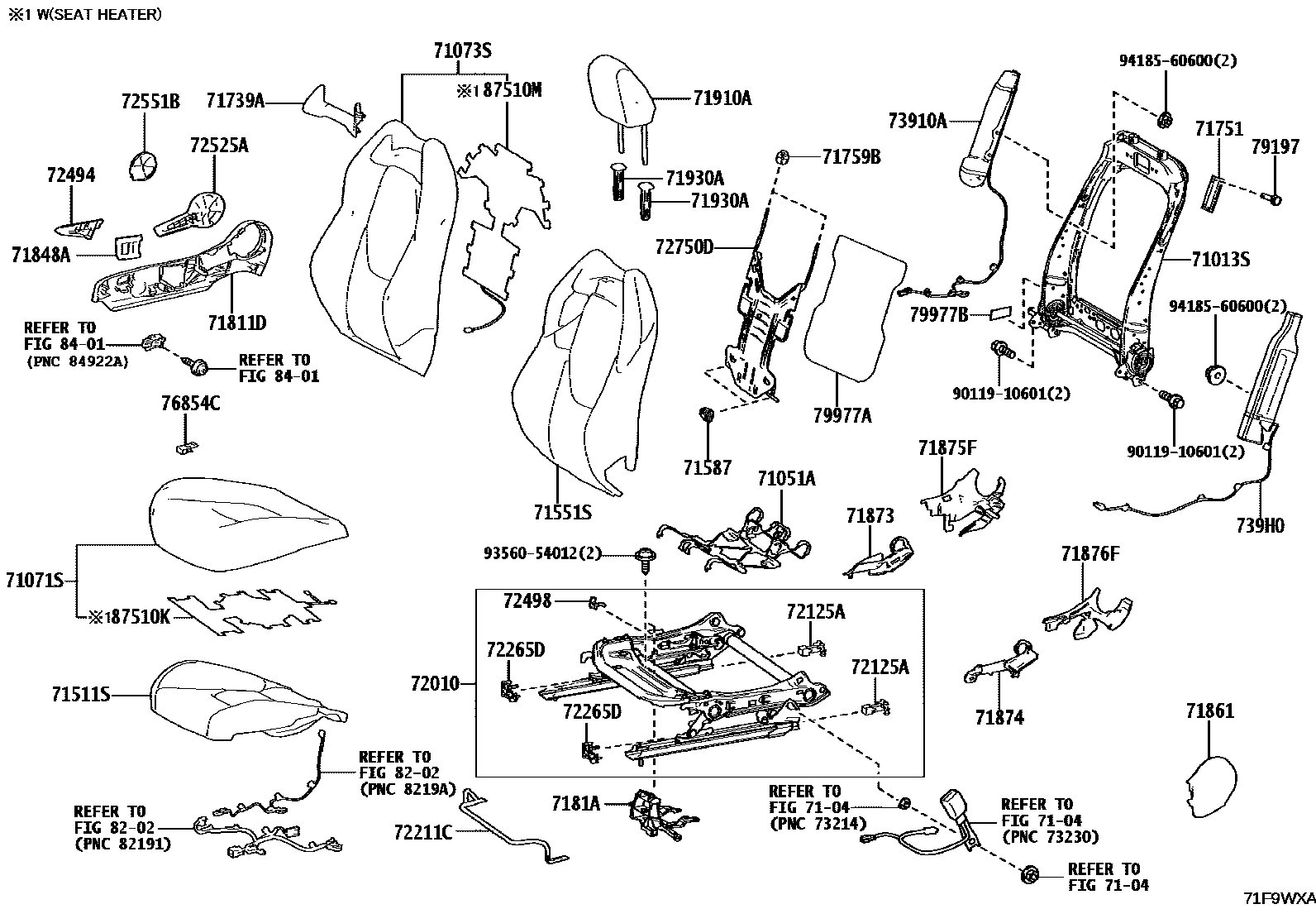 Toyota COROLLA 前排座椅和座椅滑轨 EPC diagram — 71F9WXA