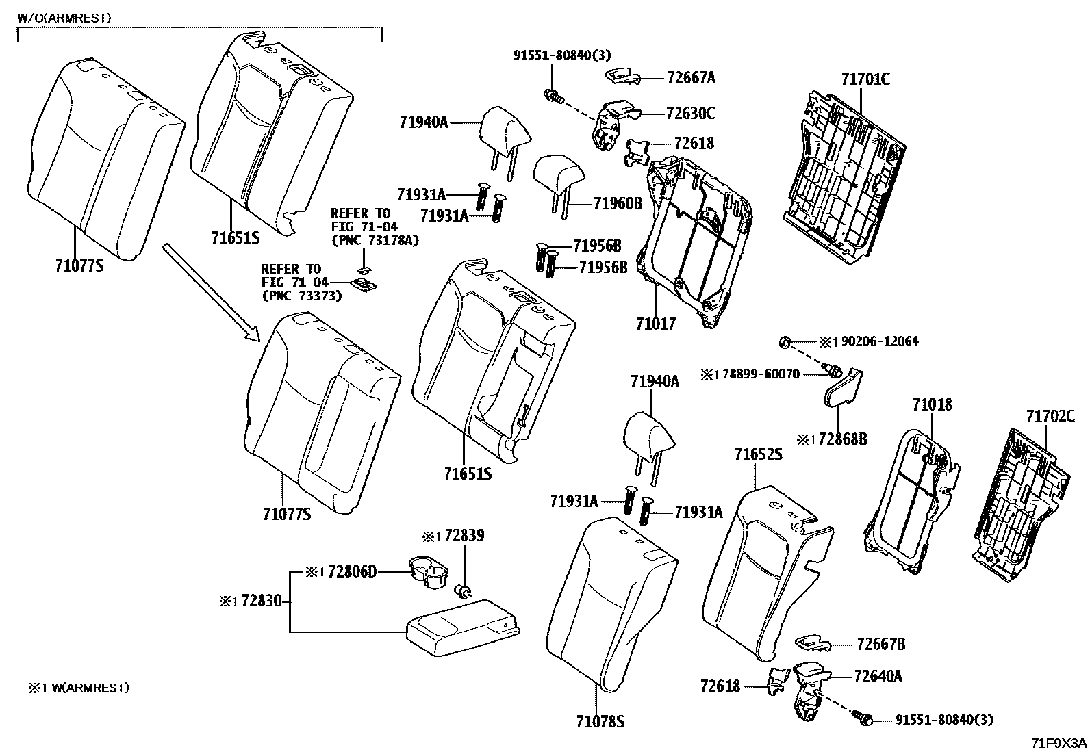 Toyota COROLLA 后排座椅和座椅滑轨 EPC diagram — 71F9X3A