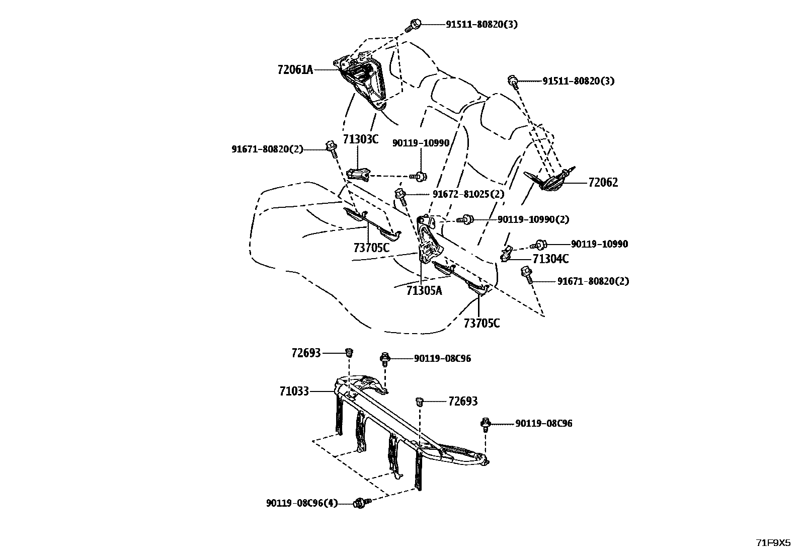 Toyota COROLLA 后排座椅和座椅滑轨 EPC diagram — 71F9X5