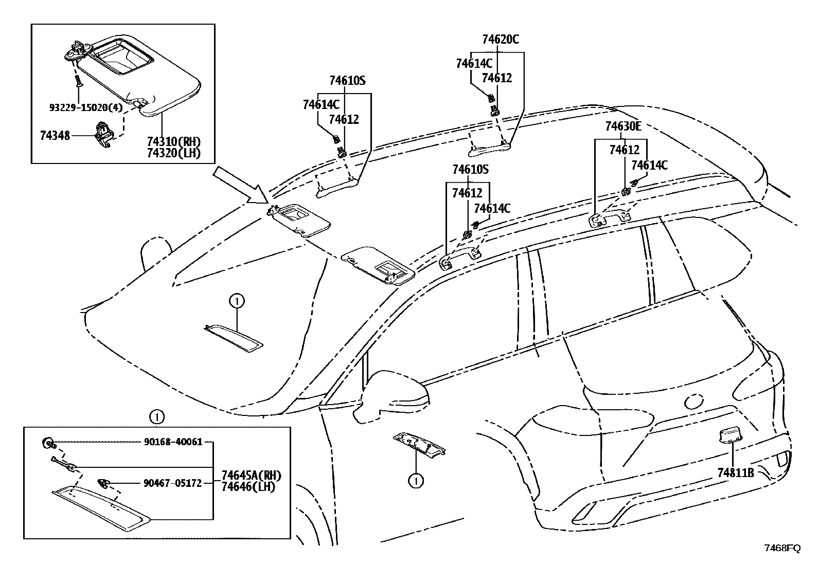 Toyota COROLLA 扶手和遮阳板 EPC diagram — 7468FQ