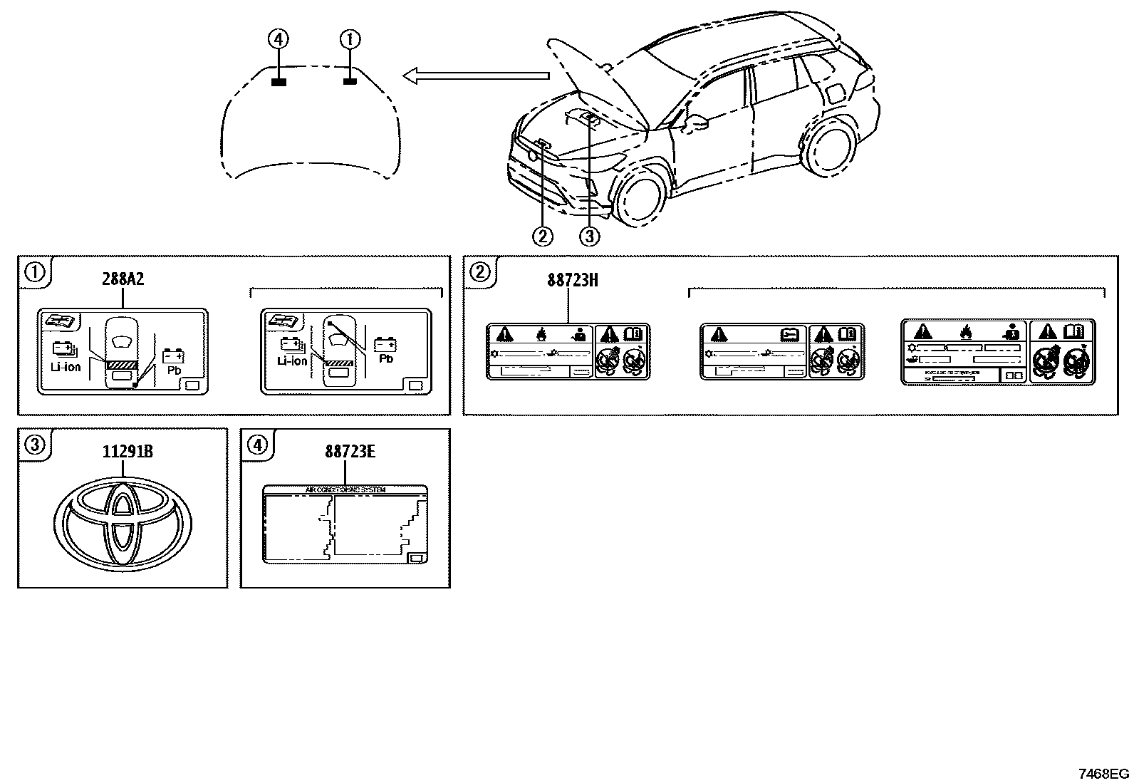 Toyota COROLLA 警示铭牌(车外和车内) EPC diagram — 7468EG