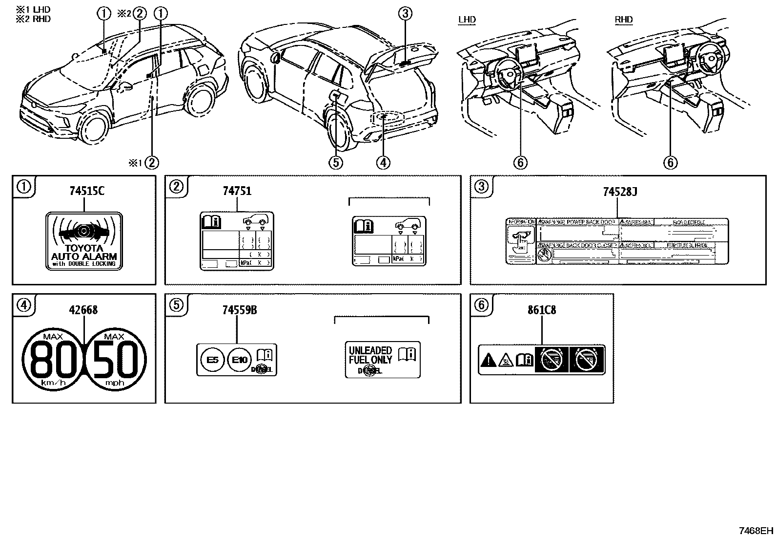 Toyota COROLLA 警示铭牌(车外和车内) EPC diagram — 7468EH