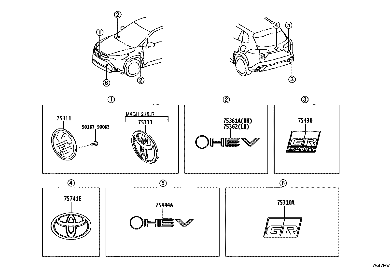 Toyota COROLLA 丰田徽标和铭牌(车外和车内) EPC diagram — 7547HV