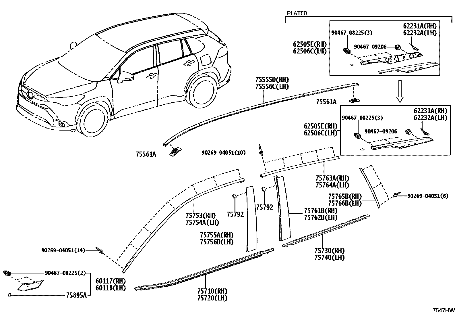Toyota COROLLA 侧防护条 EPC diagram — 7547HW