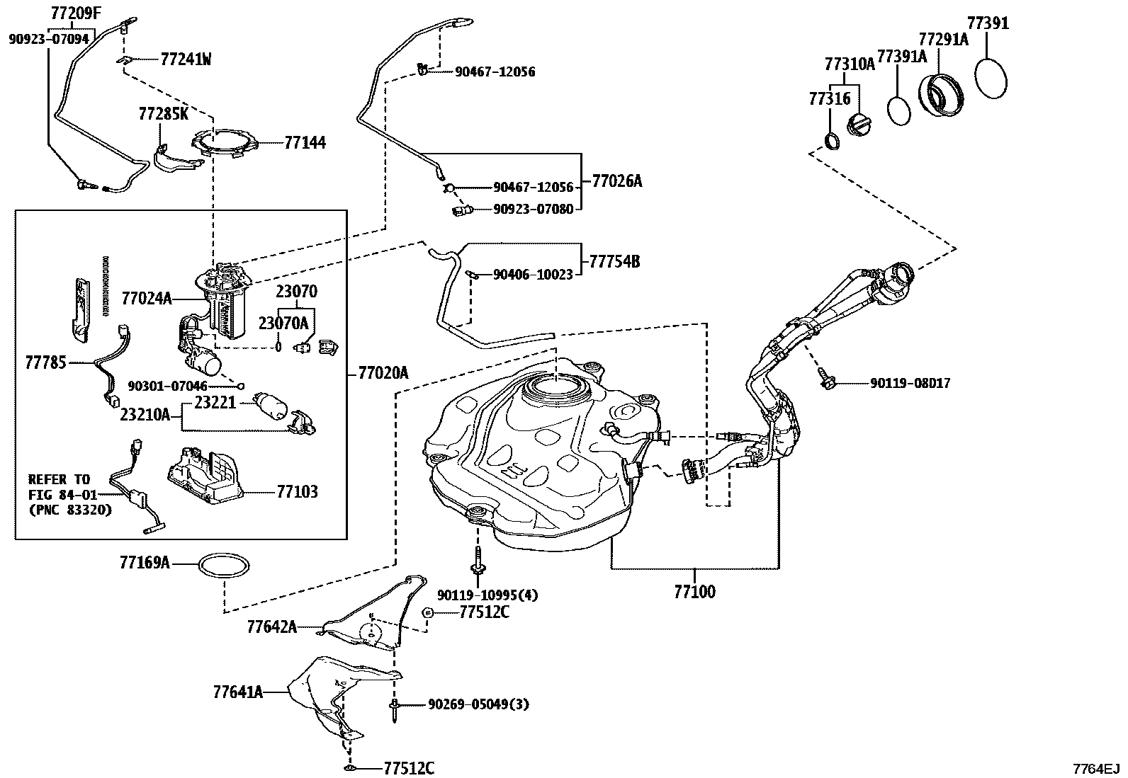 Toyota COROLLA 燃油箱和燃油管 EPC diagram — 7764EJ