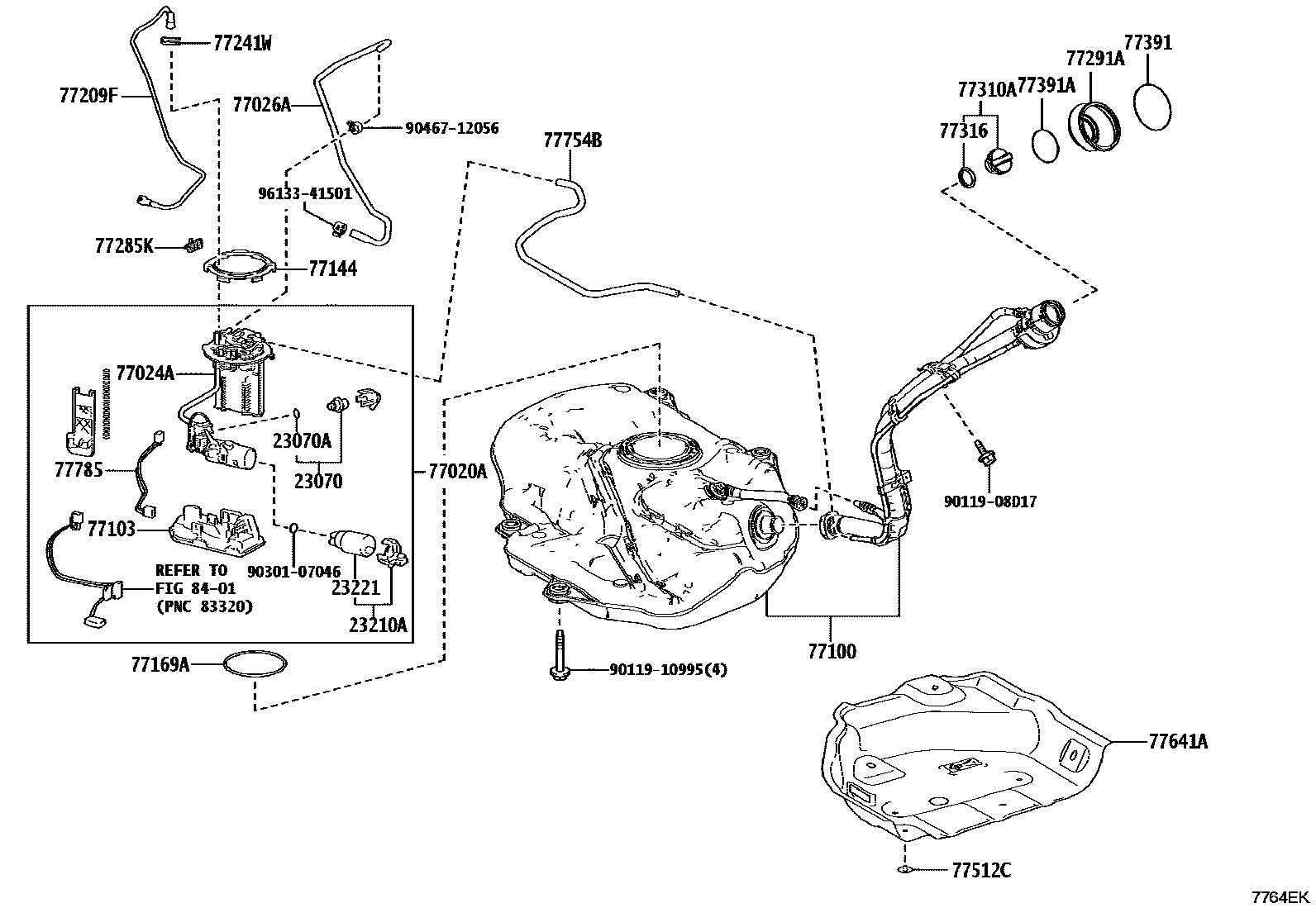 Toyota COROLLA 燃油箱和燃油管 EPC diagram — 7764EK