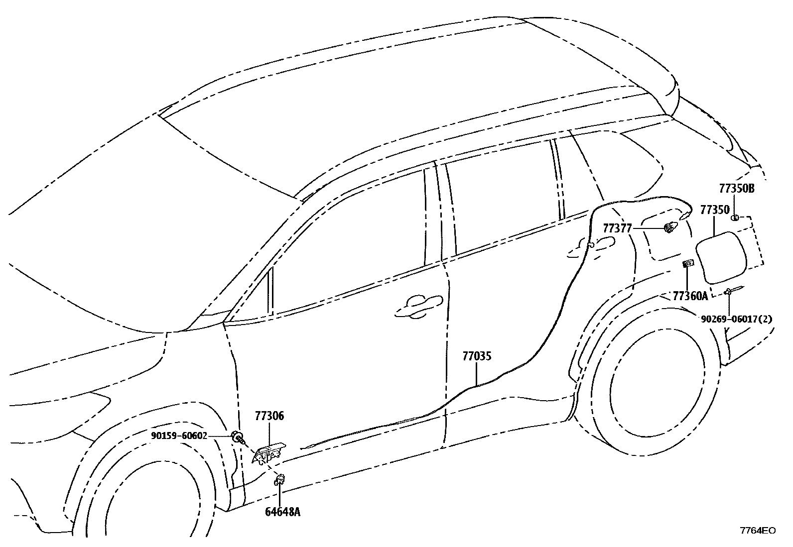 Toyota COROLLA 燃油箱和燃油管 EPC diagram — 7764EO