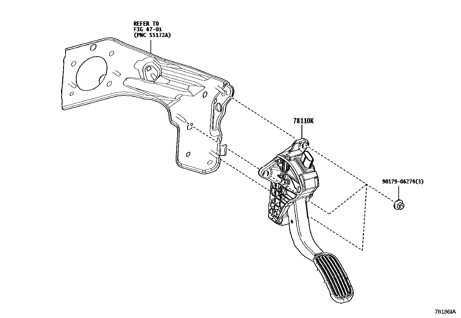 Toyota COROLLA accelerator pedal connecting rod EPC diagram — 78186IA