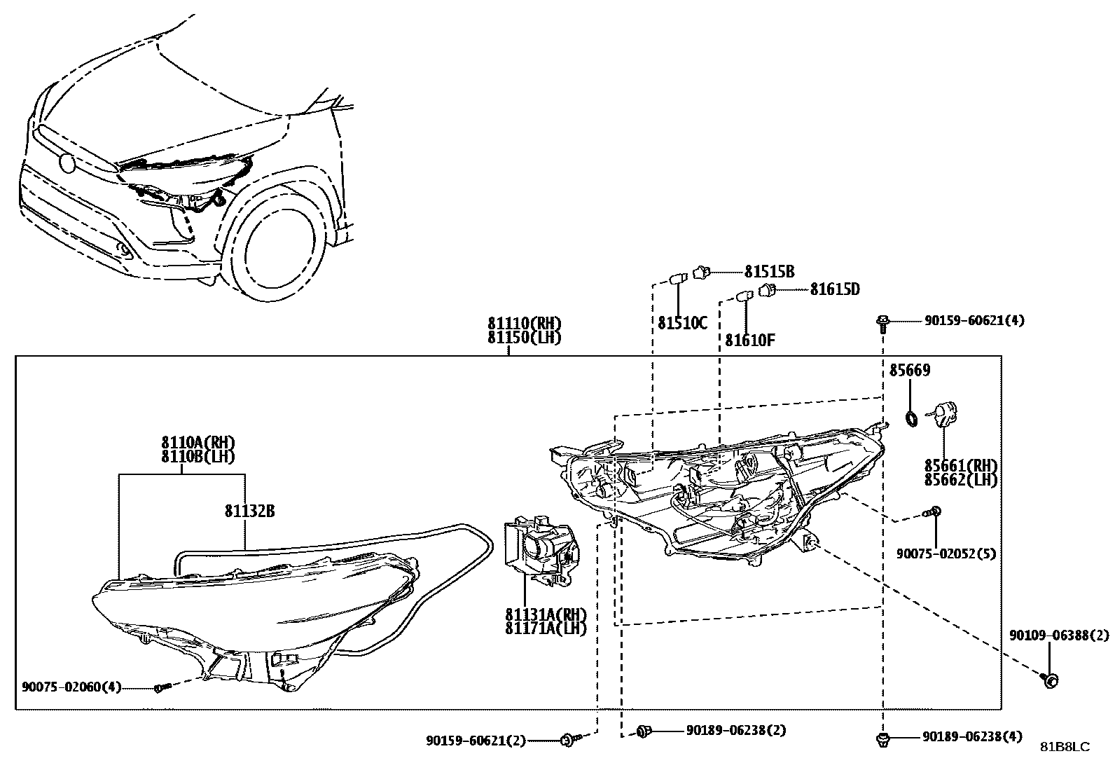 Toyota COROLLA Headlamp EPC diagram — 81B8LC
