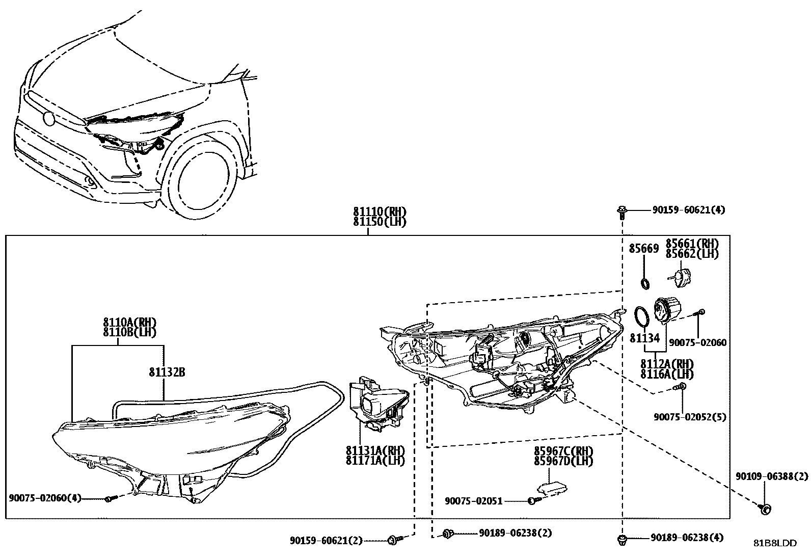 Toyota COROLLA Headlamp EPC diagram — 81B8LDD