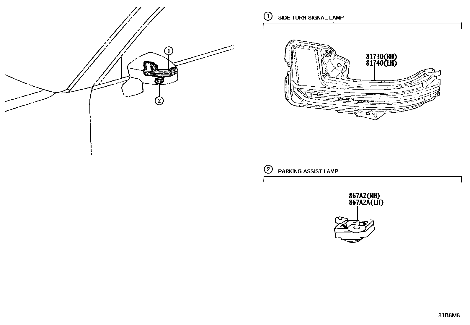 Toyota COROLLA Side Turn Signal & Outer Mirror Lamp EPC diagram — 81B8M8