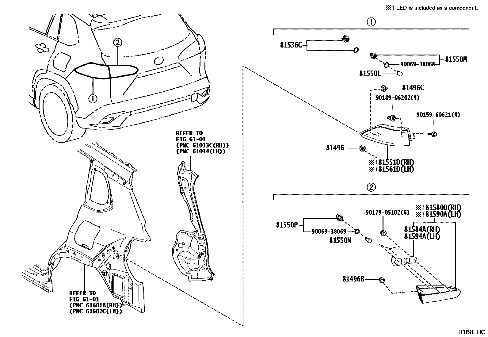 Toyota COROLLA 后组合灯 EPC diagram — 81B8LHC