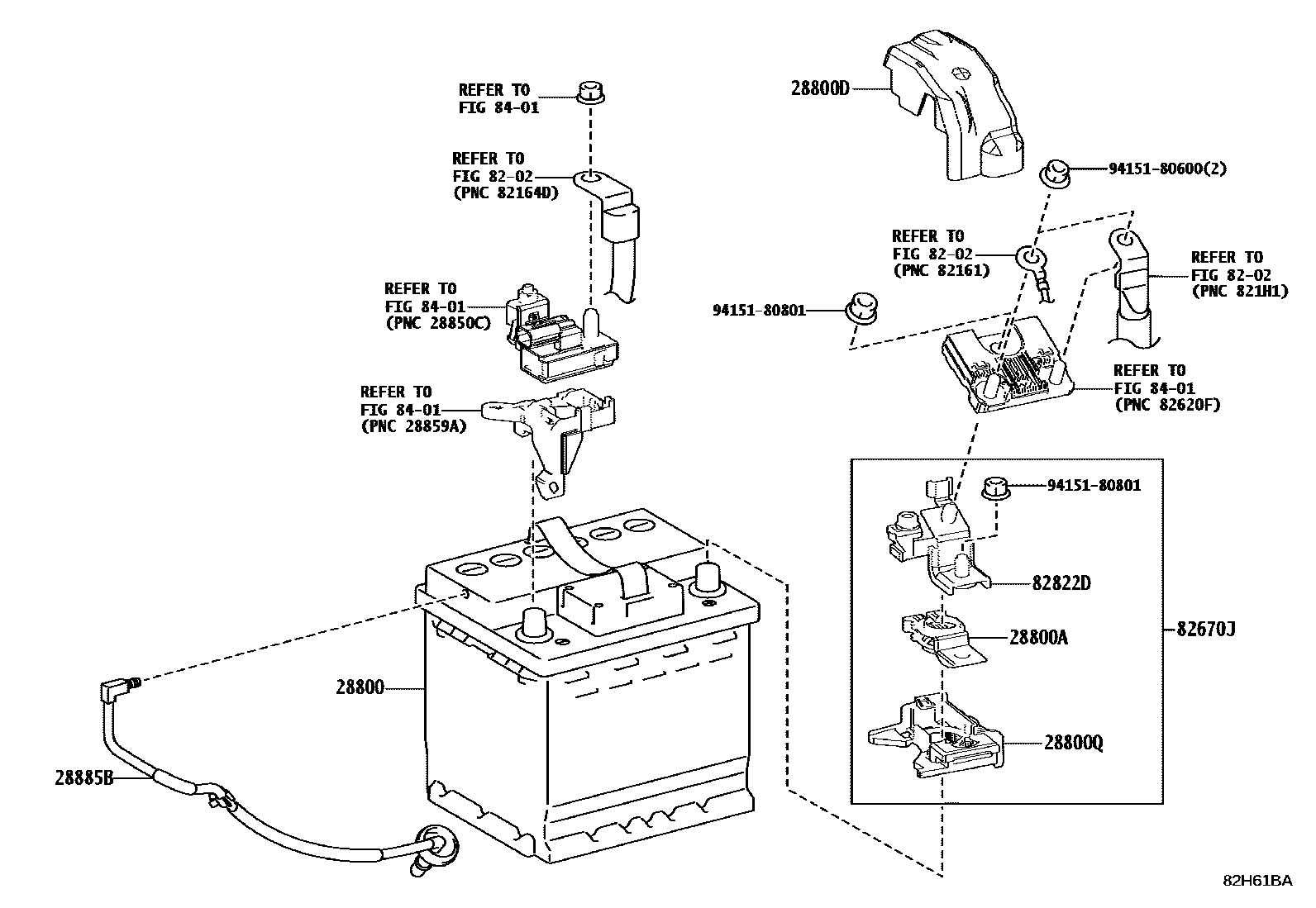 Toyota COROLLA 蓄电池和蓄电池电缆 EPC diagram — 82H61BA