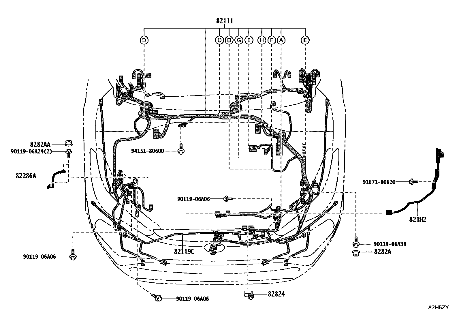 Toyota COROLLA 线束和卡夹 EPC diagram — 82H5ZY