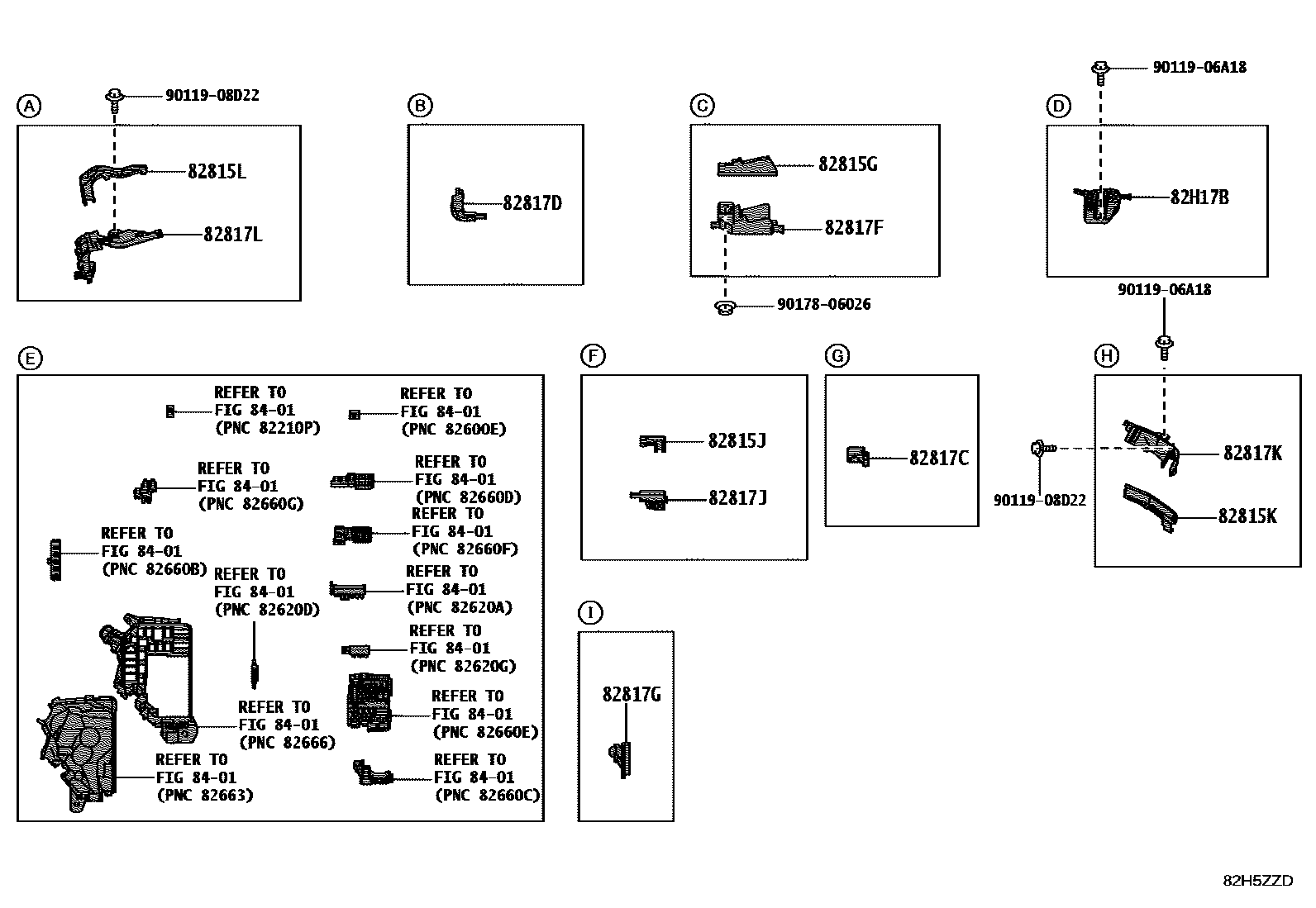 Toyota COROLLA 线束和卡夹 EPC diagram — 82H5ZZD