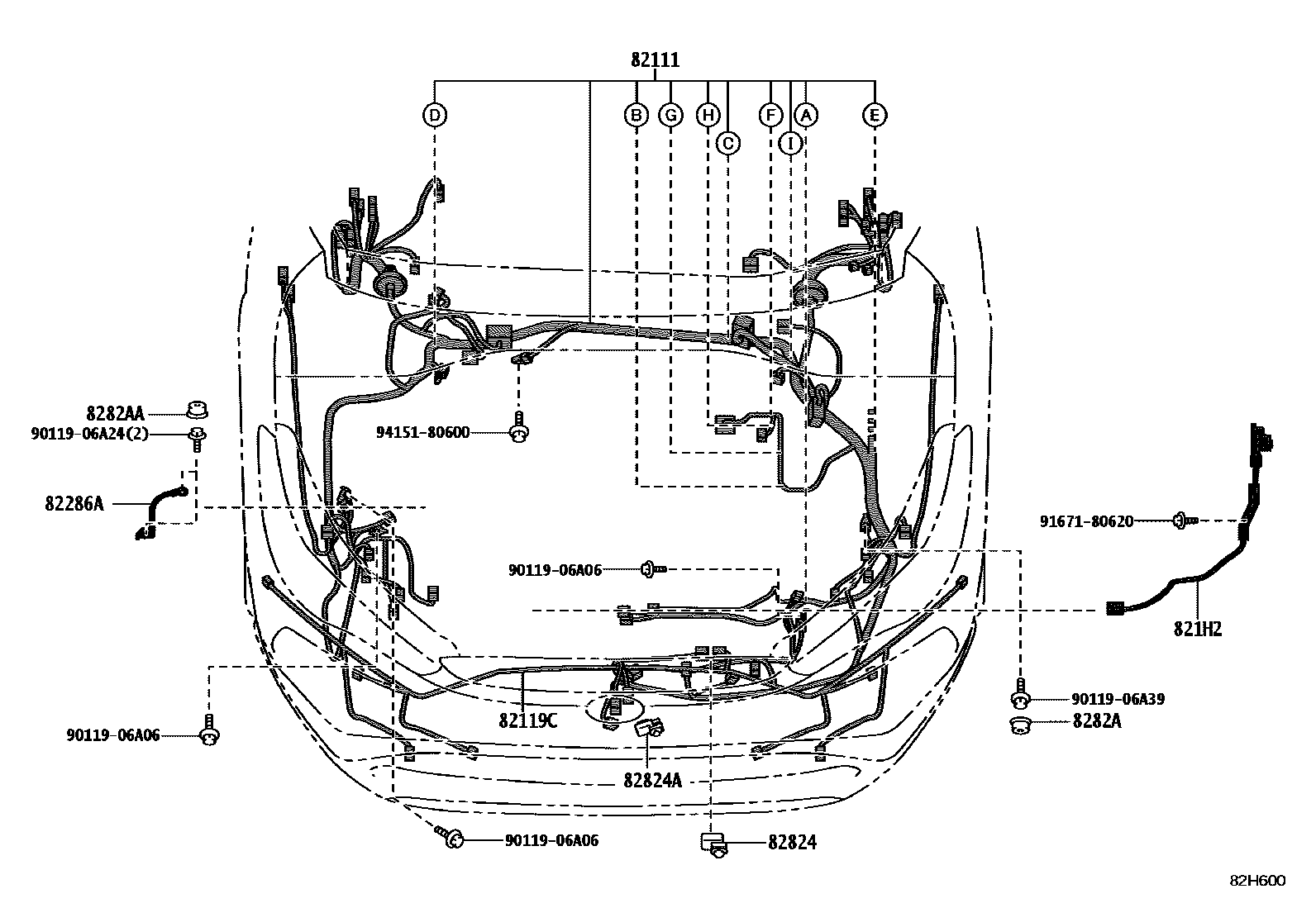 Toyota COROLLA 线束和卡夹 EPC diagram — 82H600